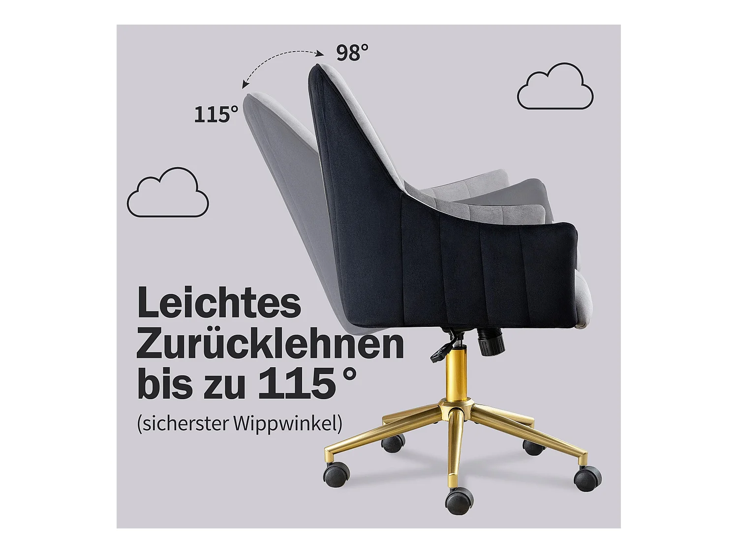 Chaise de Bureau Pivotante en Velours, Réglable en Hauteur, Supporte jusqu'à 150kg, Métal doré, Gris (48x52x94 cm)