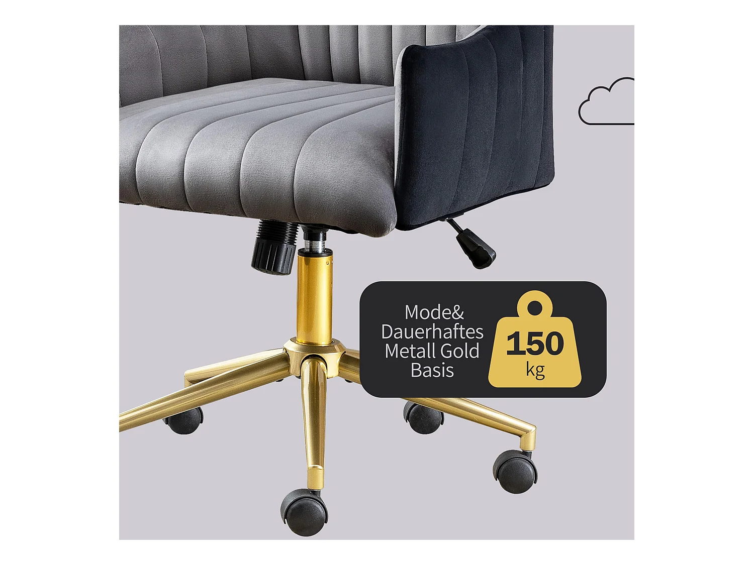 Chaise de Bureau Pivotante en Velours, Réglable en Hauteur, Supporte jusqu'à 150kg, Métal doré, Gris (48x52x94 cm)