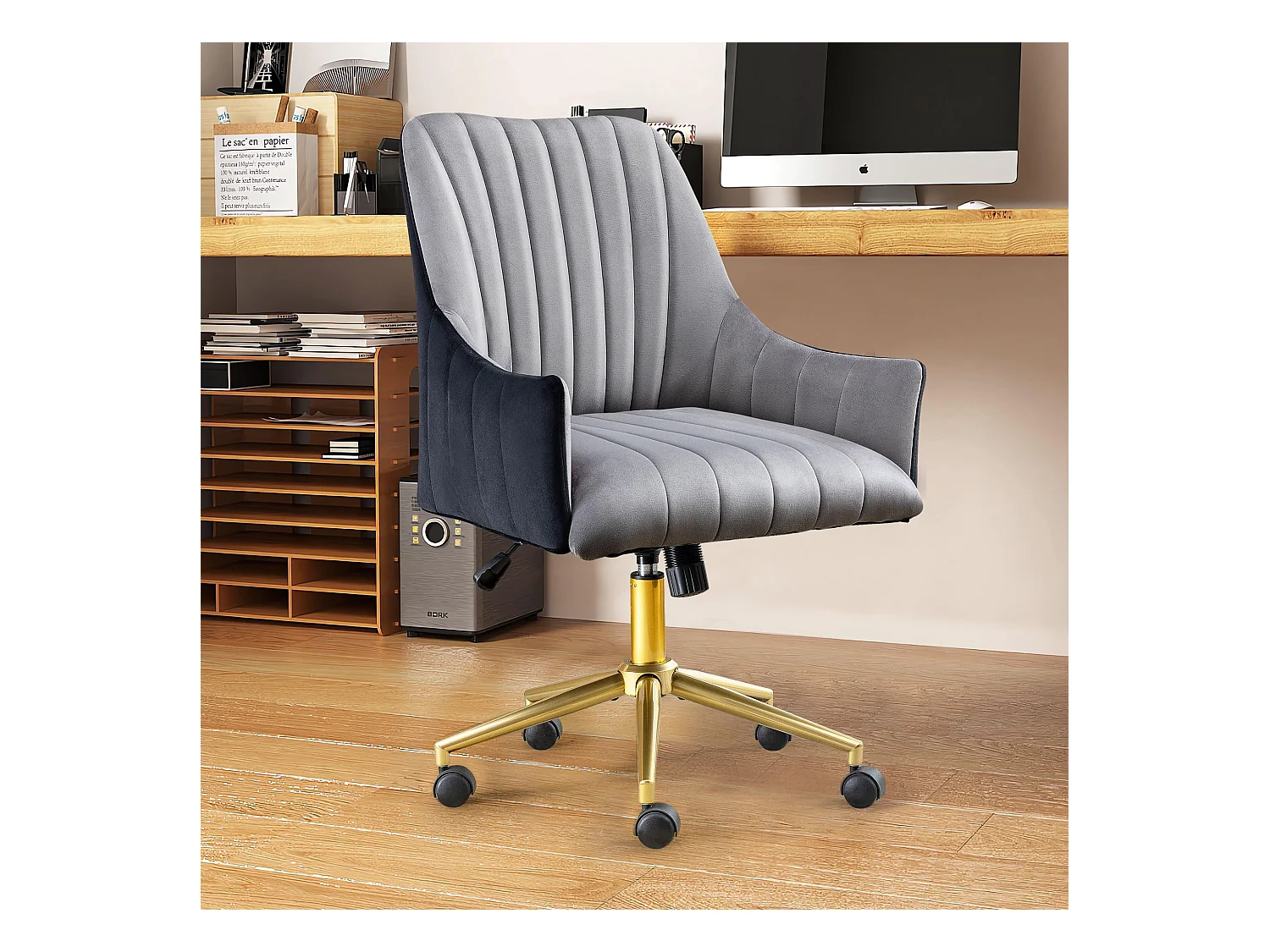 Chaise de Bureau Pivotante en Velours, Réglable en Hauteur, Supporte jusqu'à 150kg, Métal doré, Gris (48x52x94 cm)