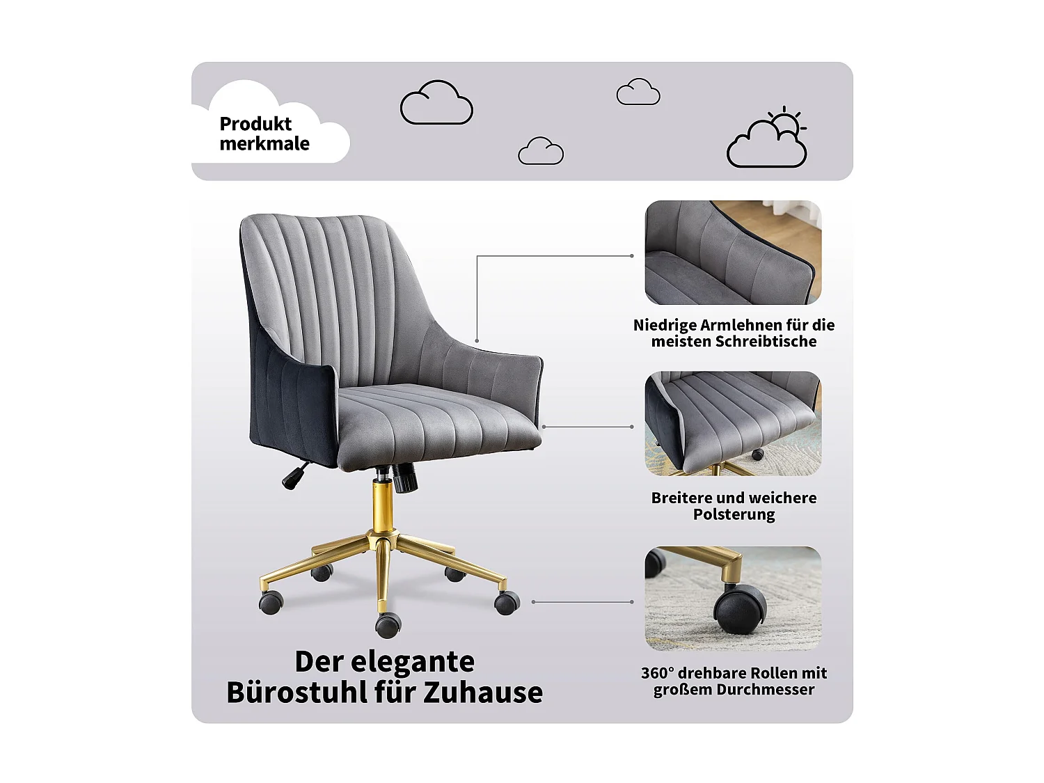 Chaise de Bureau Pivotante en Velours, Réglable en Hauteur, Supporte jusqu'à 150kg, Métal doré, Gris (48x52x94 cm)