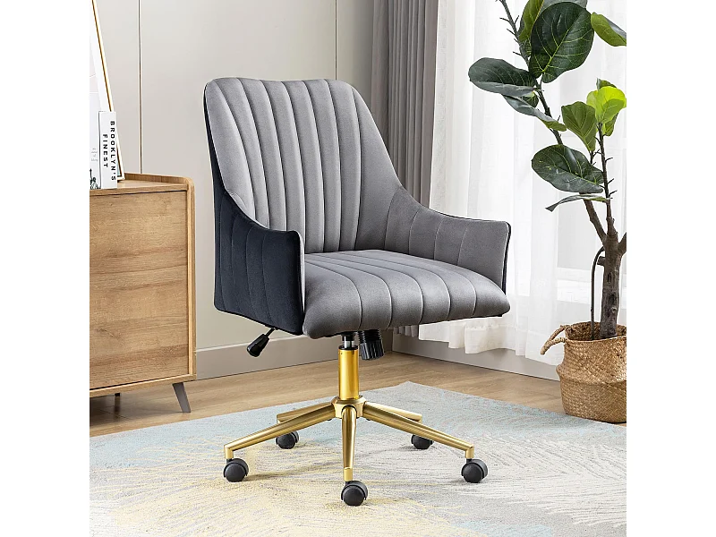 Chaise de Bureau Pivotante en Velours, Réglable en Hauteur, Supporte jusqu'à 150kg, Métal doré, Gris (48x52x94 cm)