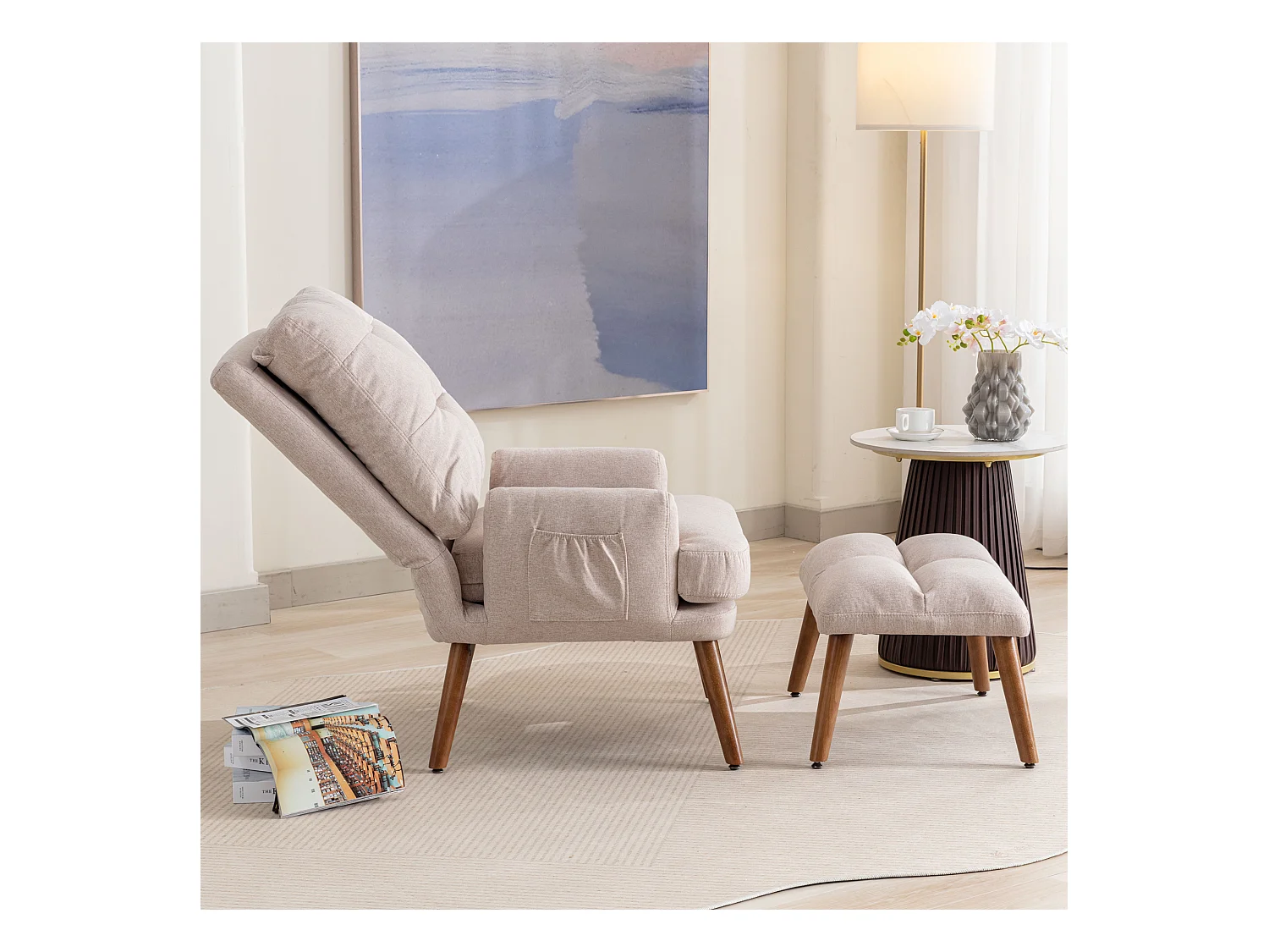 Fauteuil de salon avec repose-pieds, dossier réglable sur 5 positions, inclinable, avec rangement latéral, beige, (65x96.5x60 cm)