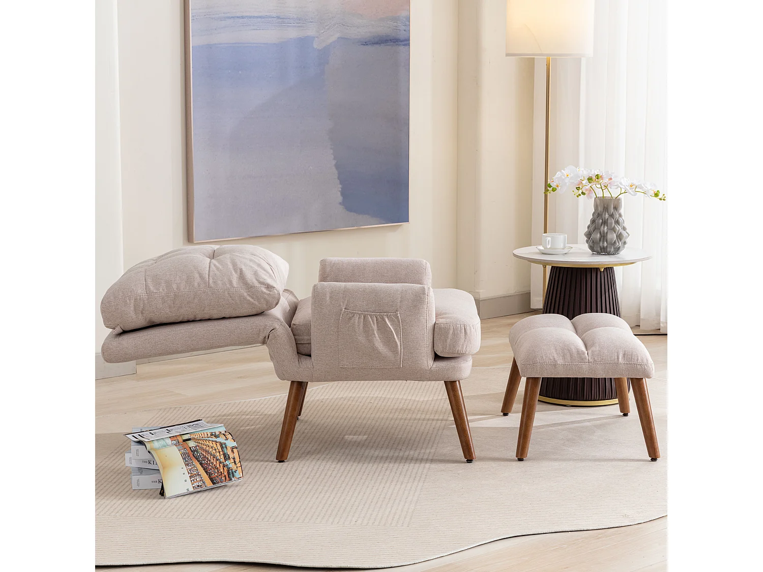 Fauteuil de salon avec repose-pieds, dossier réglable sur 5 positions, inclinable, avec rangement latéral, beige, (65x96.5x60 cm)