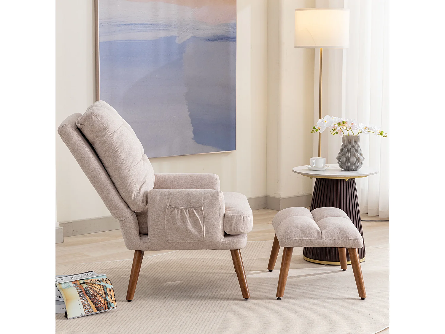 Fauteuil de salon avec repose-pieds, dossier réglable sur 5 positions, inclinable, avec rangement latéral, beige, (65x96.5x60 cm)