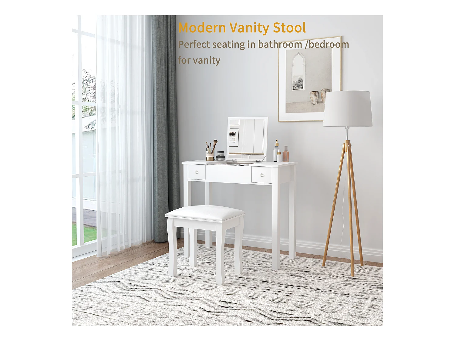 Tabouret de maquillage, fauteuil rembourré pour piano, coton élastique, bois massif blanc (43x33x45 cm)