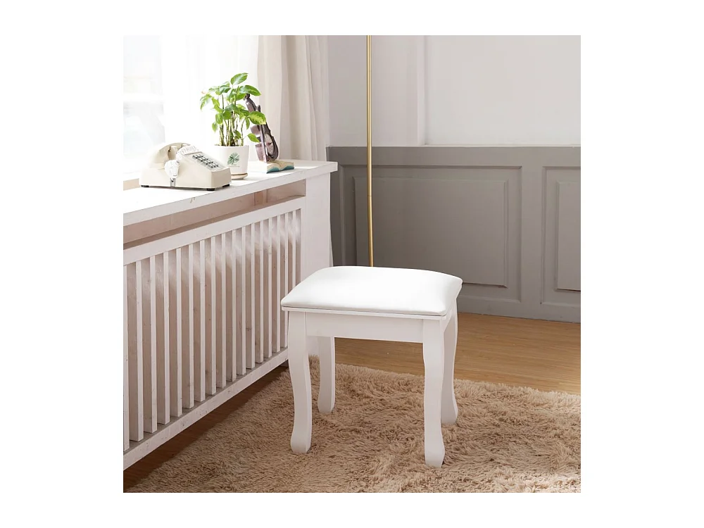 Tabouret de maquillage, fauteuil rembourré pour piano, coton élastique, bois massif blanc (43x33x45 cm)