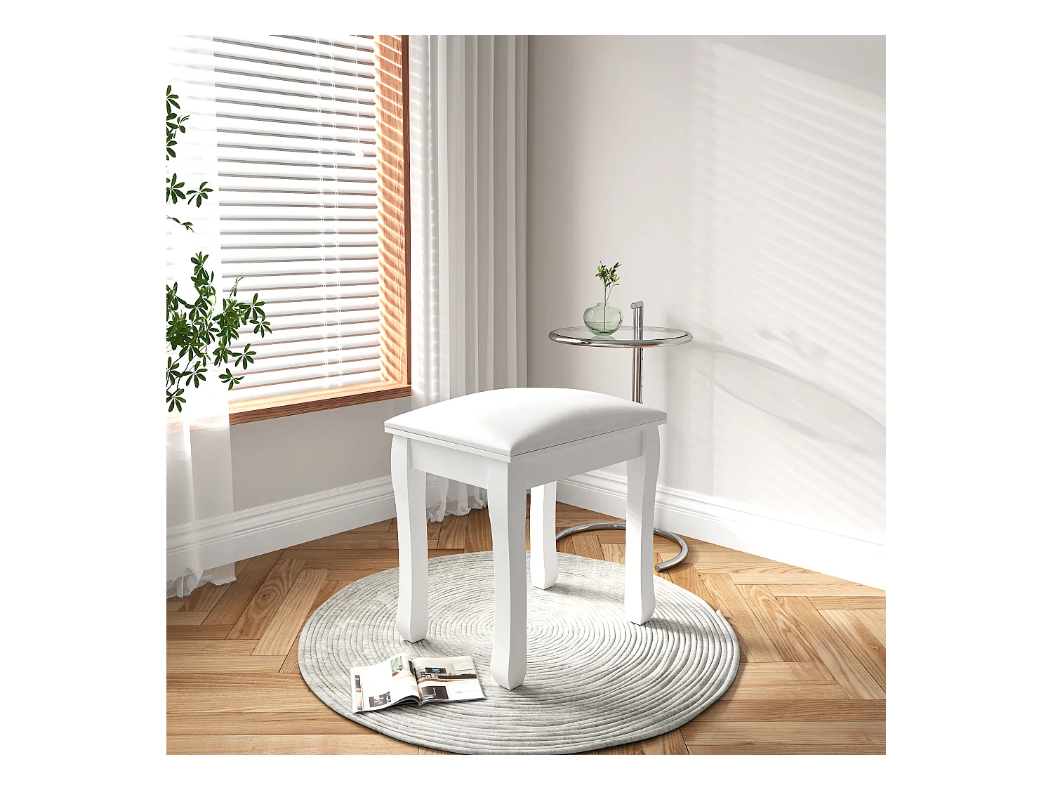 Taburete de maquillaje, silla piano tapizada, algodón elástico, madera maciza blanca (43x33x45 cm)