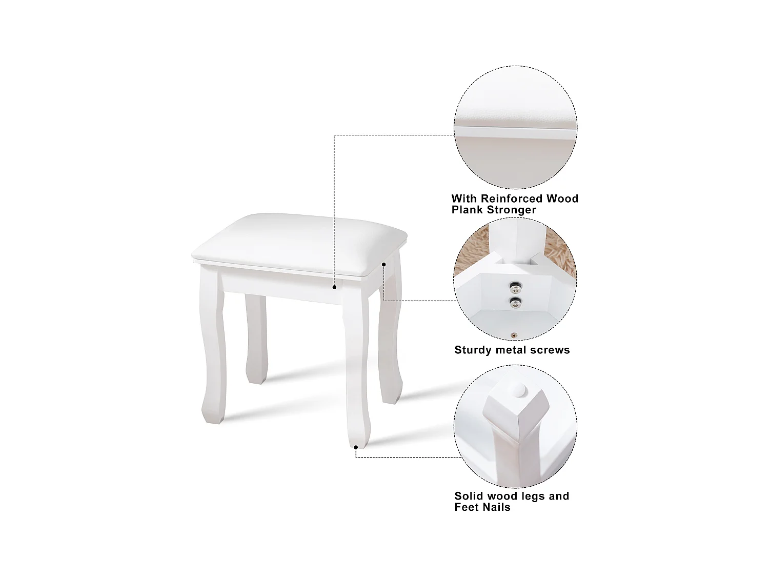 Tabouret de maquillage, fauteuil rembourré pour piano, coton élastique, bois massif blanc (43x33x45 cm)