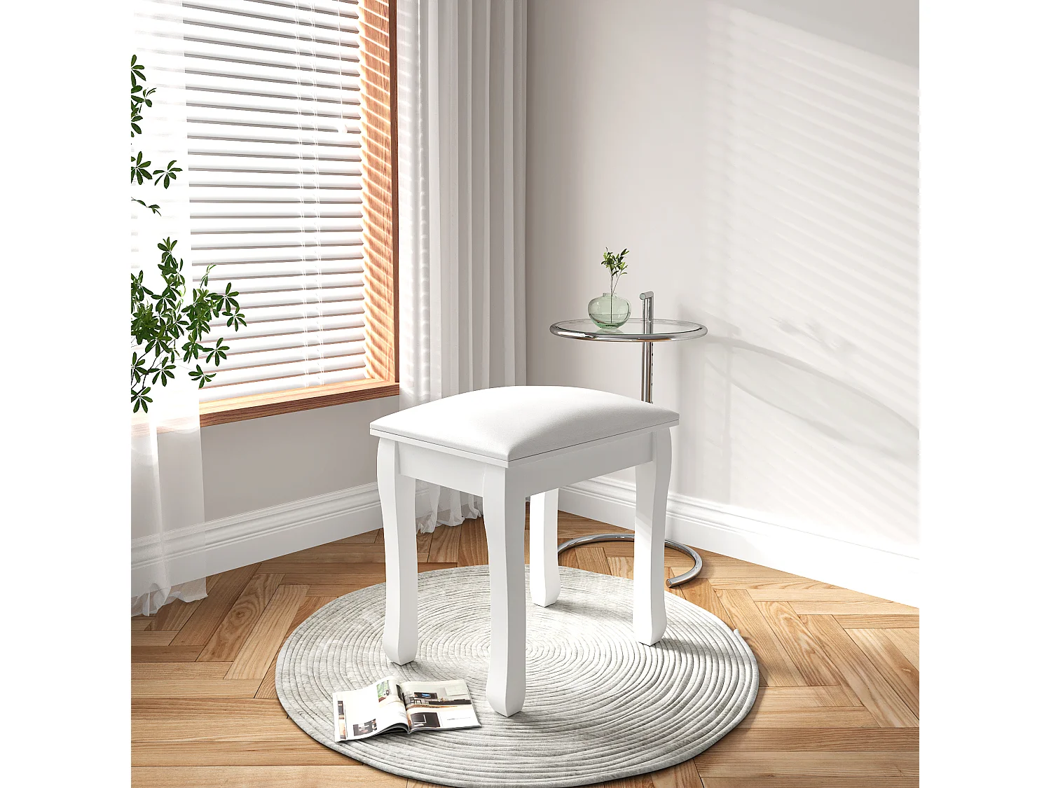 Tabouret de maquillage, fauteuil rembourré pour piano, coton élastique, bois massif blanc (43x33x45 cm)