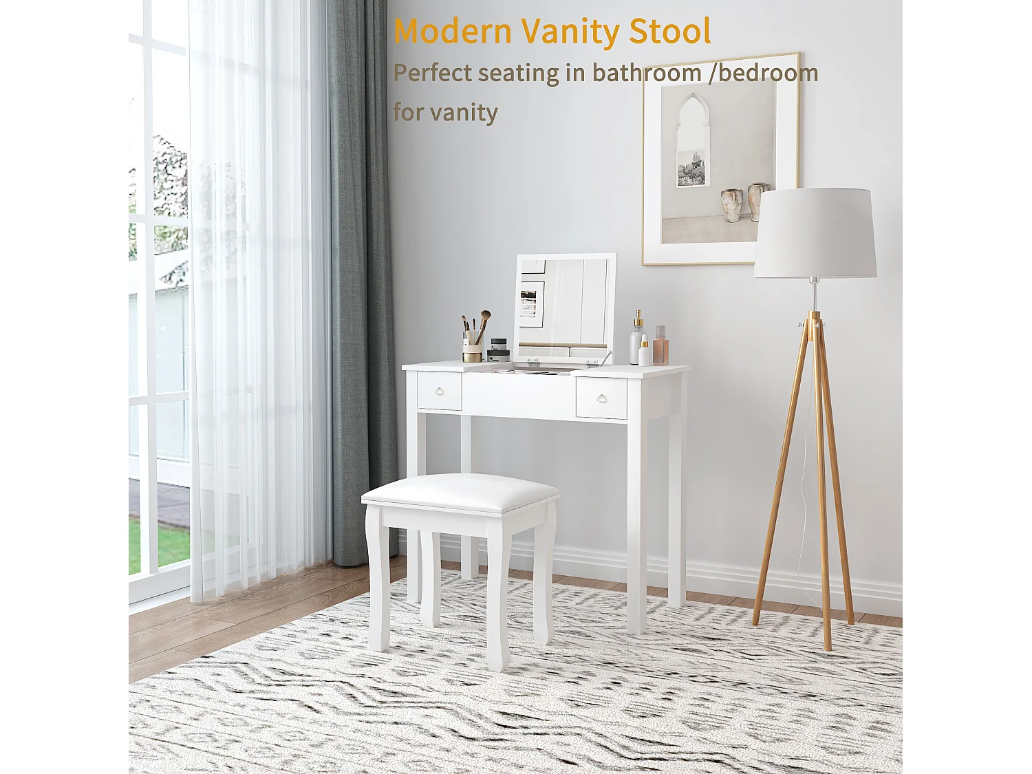 Tabouret de maquillage, fauteuil rembourré pour piano, coton élastique, bois massif blanc (43x33x45 cm)