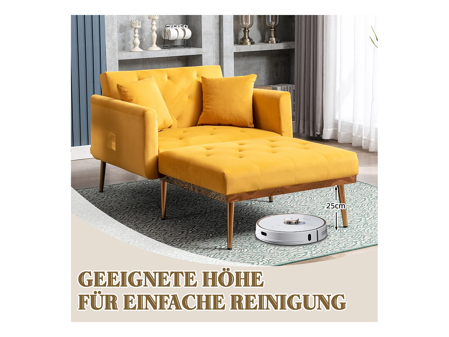 Fauteuil Moderne avec Dossier Réglable, Fauteuil Relax, Velours, Moutarde (165x90x77 cm)