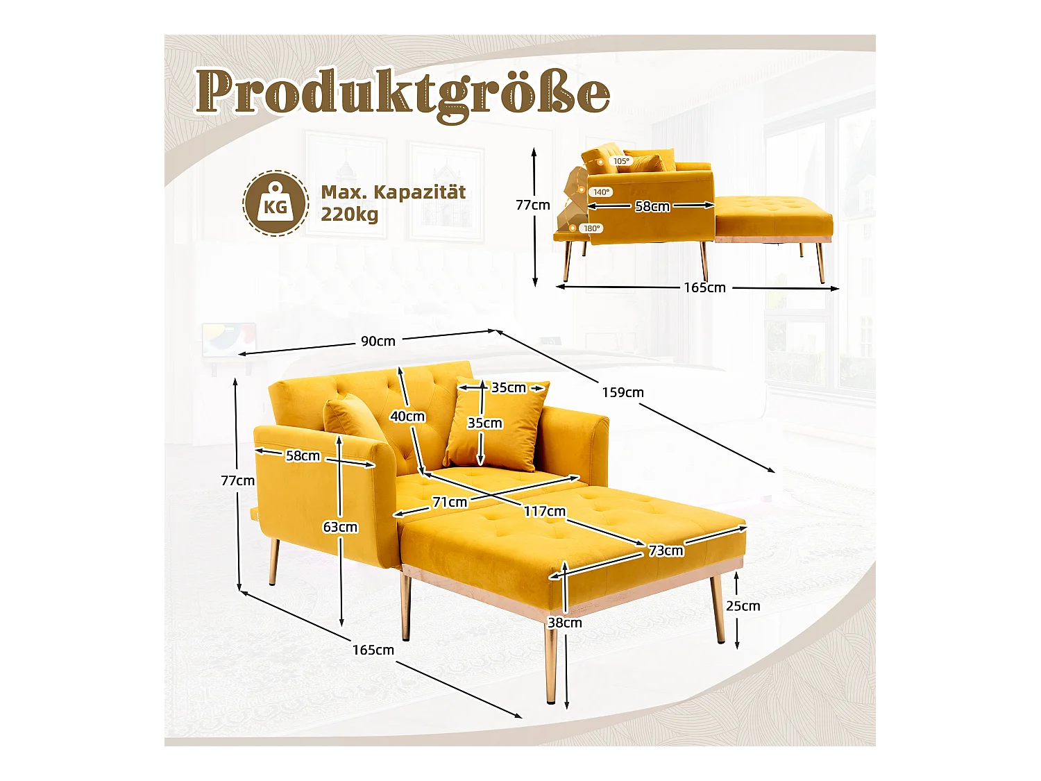 Fauteuil Moderne avec Dossier Réglable, Fauteuil Relax, Velours, Moutarde (165x90x77 cm)