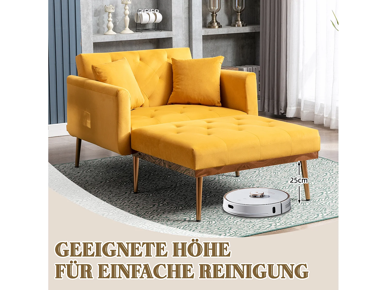 Fauteuil Moderne avec Dossier Réglable, Fauteuil Relax, Velours, Moutarde (165x90x77 cm)