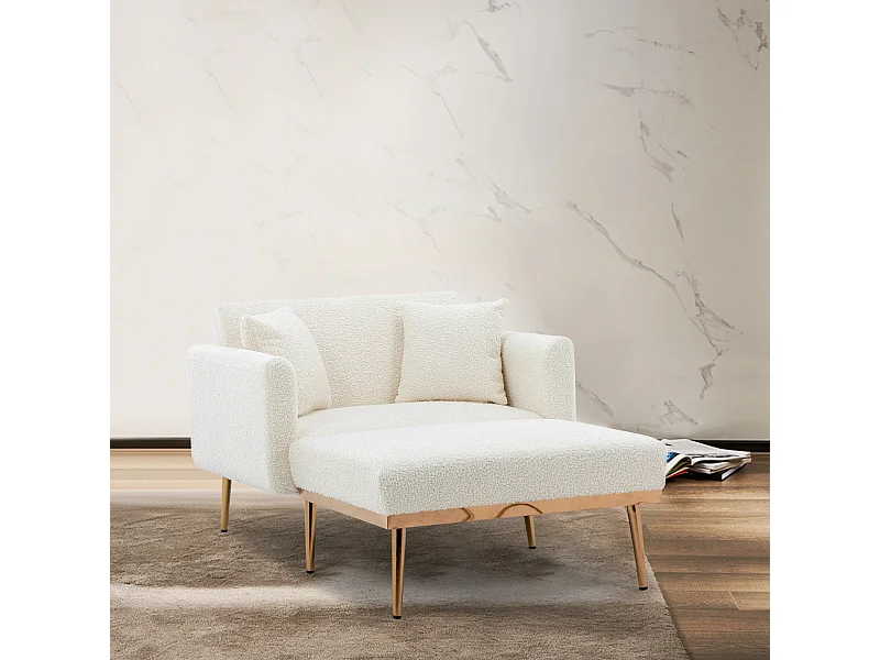 Sillón moderno con respaldo ajustable y reposapiés, terciopelo, blanco y dorado (165 x 90 x 77 cm)