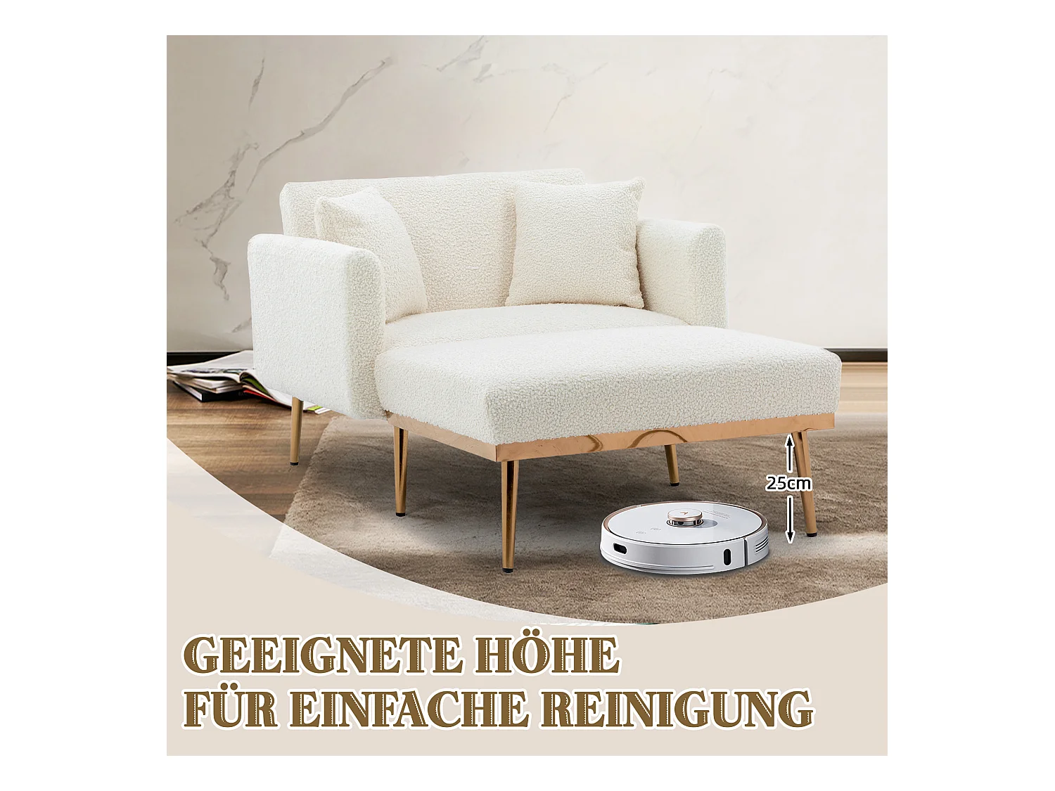 Fauteuil Moderne avec Dossier Réglable, Repose-Pieds, Velours, Blanc + Or (165x90x77 cm)