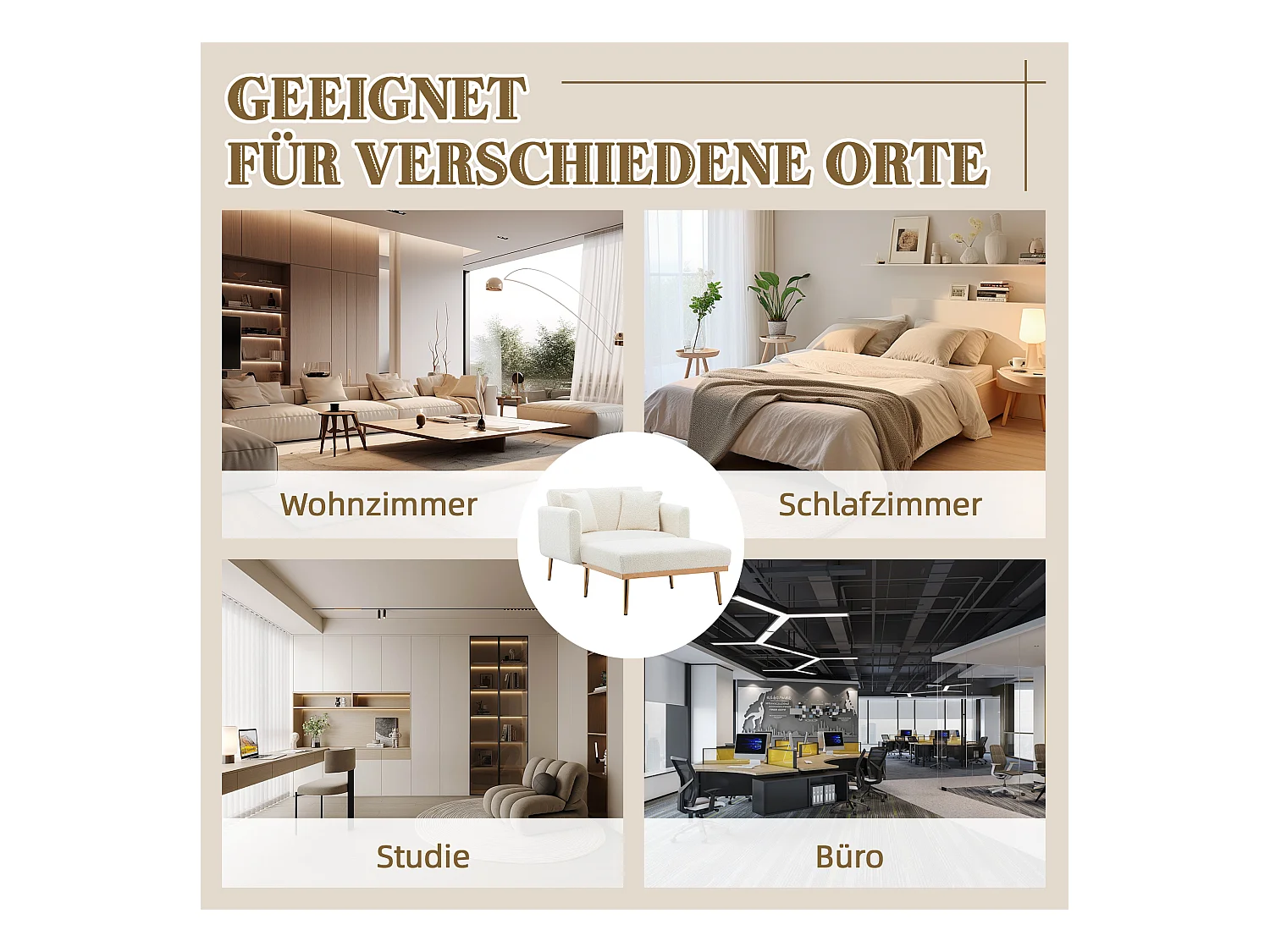 Fauteuil Moderne avec Dossier Réglable, Repose-Pieds, Velours, Blanc + Or (165x90x77 cm)