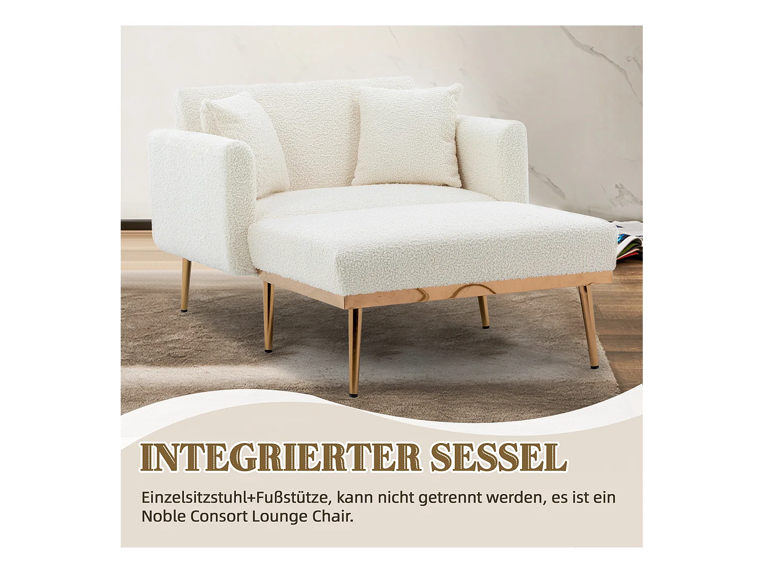 Fauteuil Moderne avec Dossier Réglable, Repose-Pieds, Velours, Blanc + Or (165x90x77 cm)