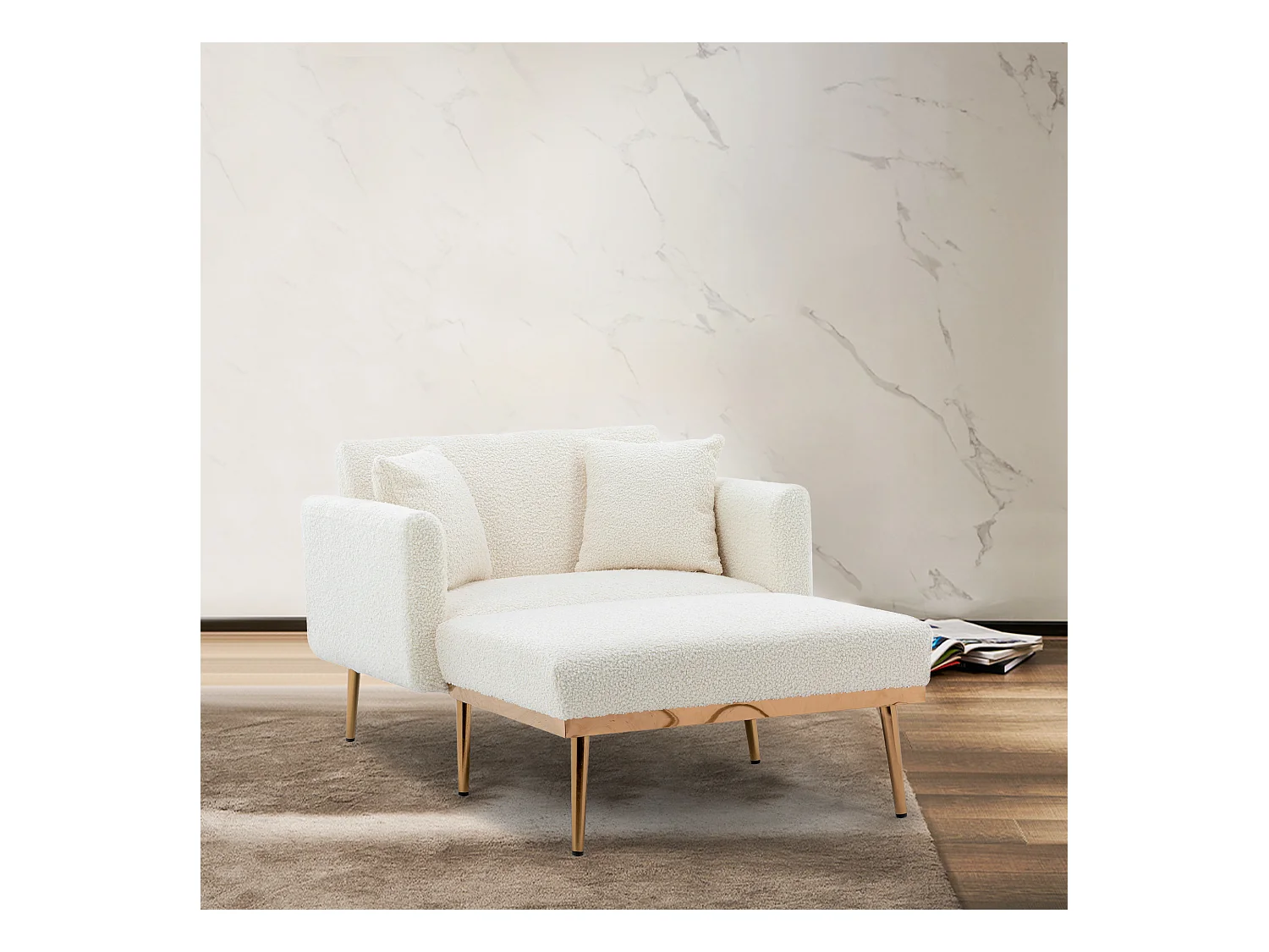 Sillón moderno con respaldo ajustable y reposapiés, terciopelo, blanco y dorado (165 x 90 x 77 cm)