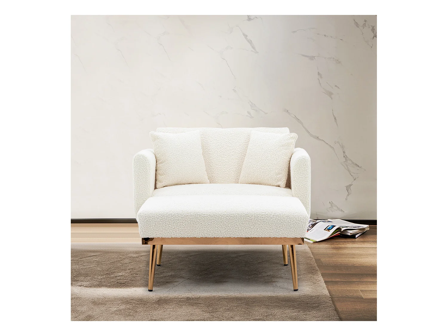 Fauteuil Moderne avec Dossier Réglable, Repose-Pieds, Velours, Blanc + Or (165x90x77 cm)