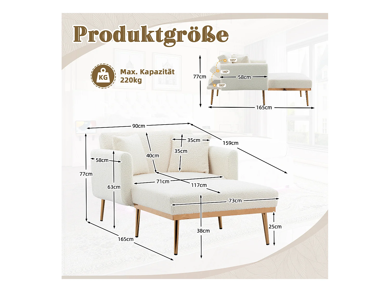 Fauteuil Moderne avec Dossier Réglable, Repose-Pieds, Velours, Blanc + Or (165x90x77 cm)