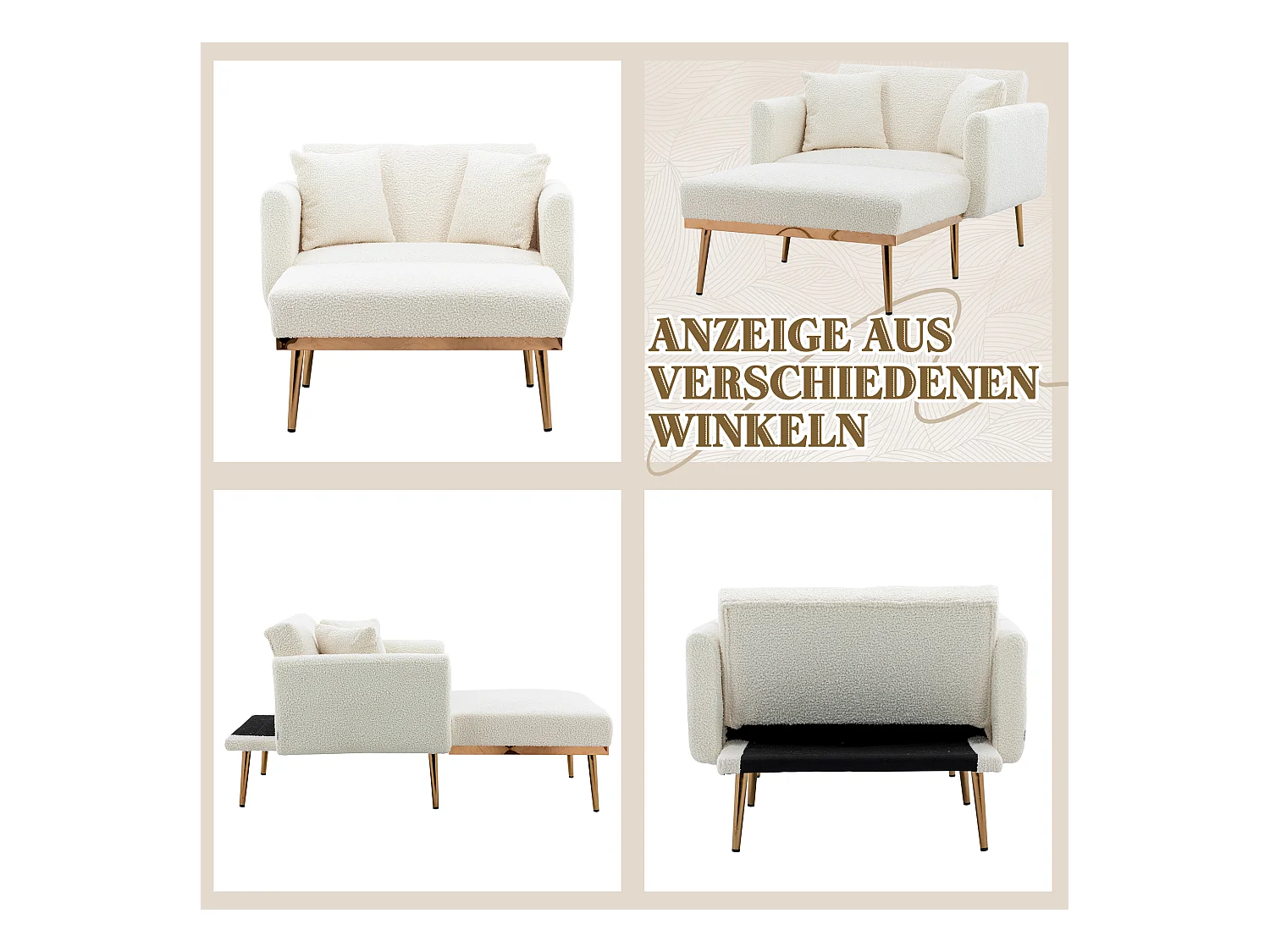 Fauteuil Moderne avec Dossier Réglable, Repose-Pieds, Velours, Blanc + Or (165x90x77 cm)