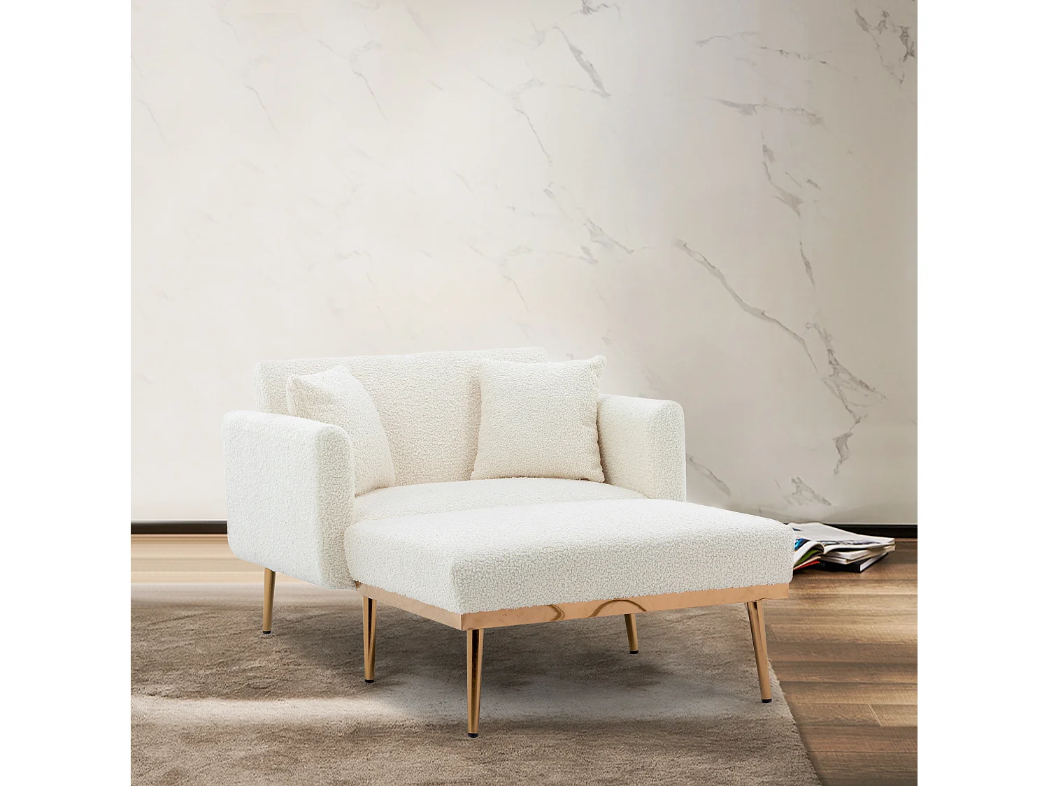 Fauteuil Moderne avec Dossier Réglable, Repose-Pieds, Velours, Blanc + Or (165x90x77 cm)
