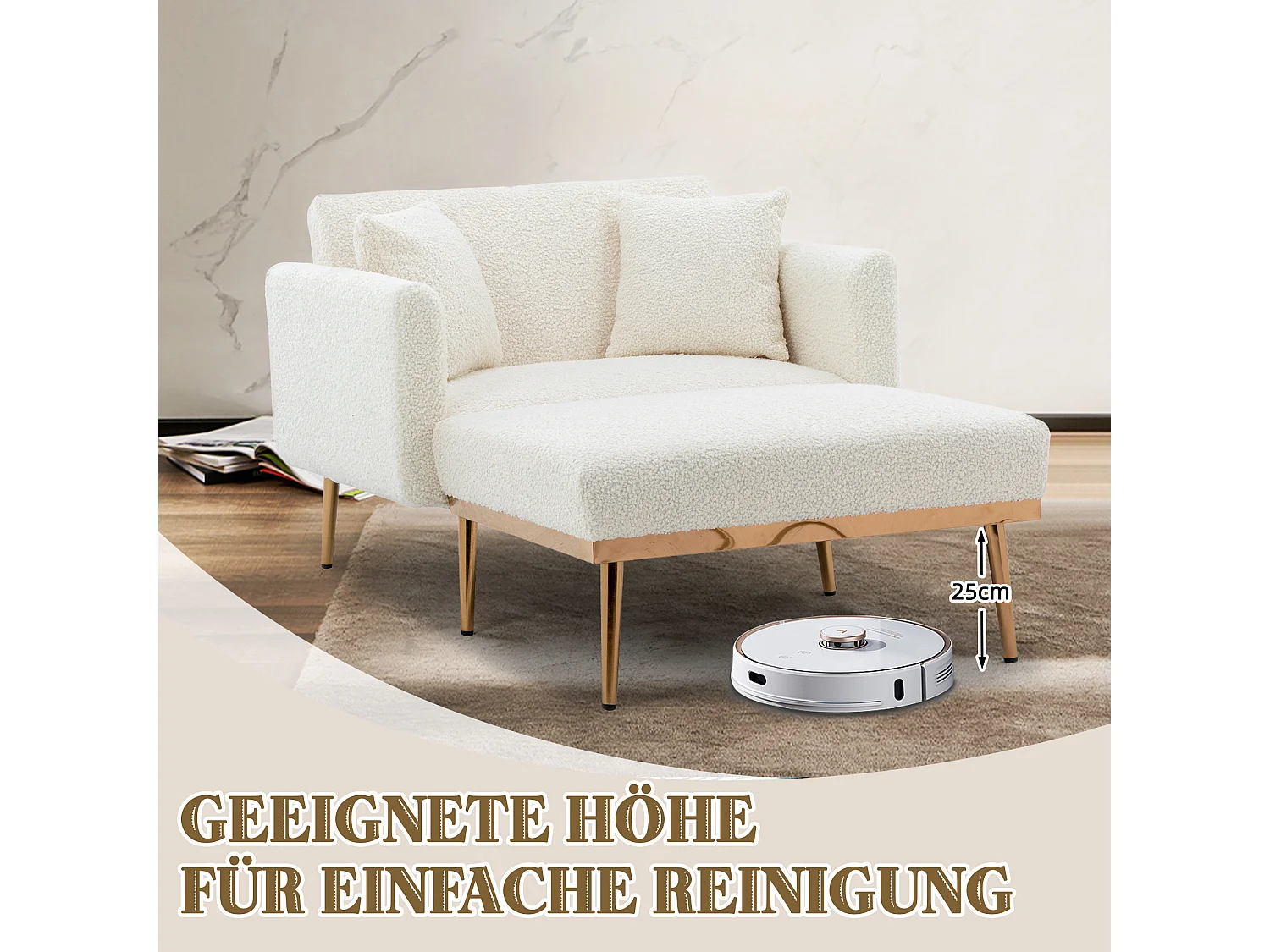 Fauteuil Moderne avec Dossier Réglable, Repose-Pieds, Velours, Blanc + Or (165x90x77 cm)