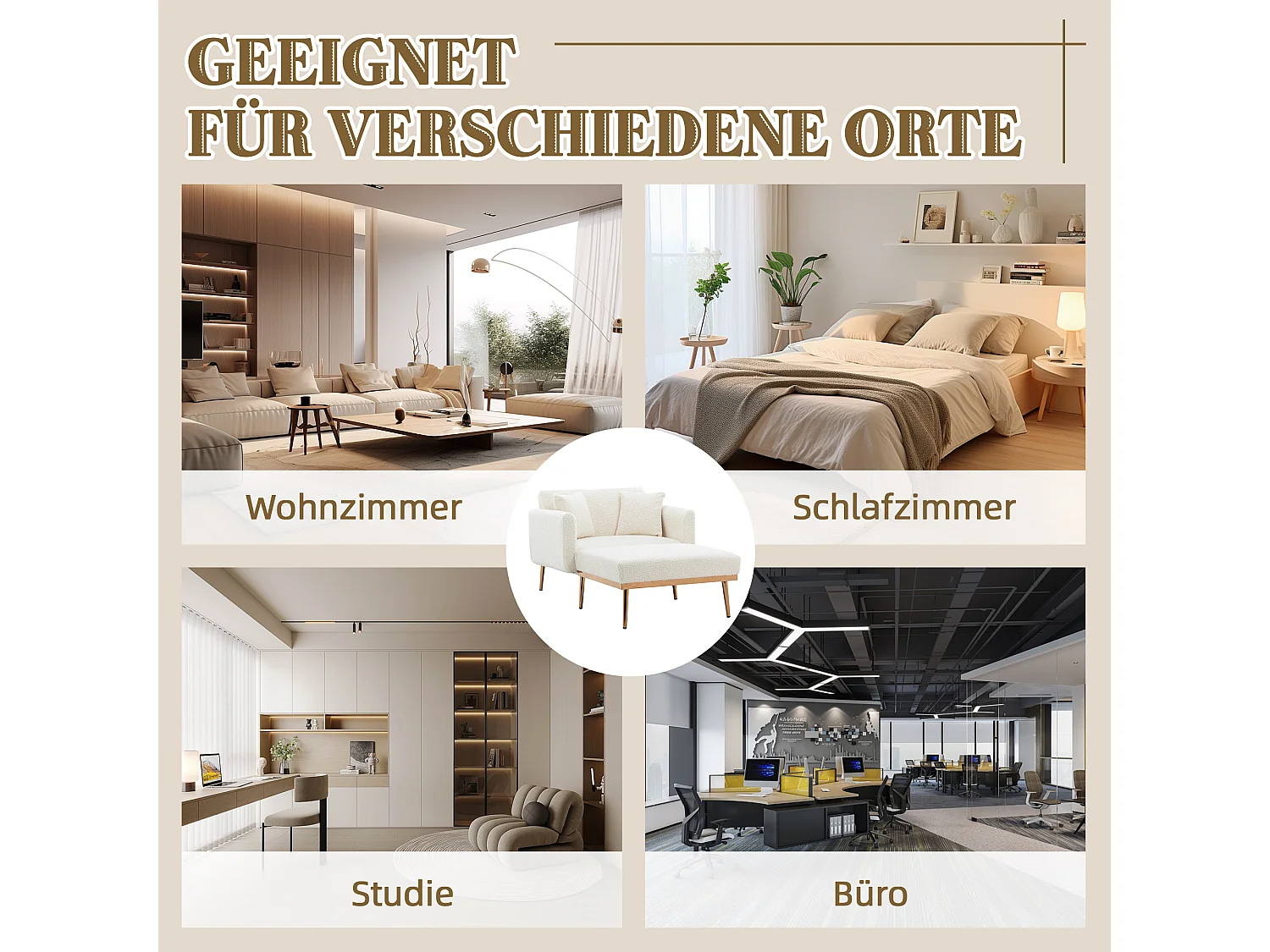 Fauteuil Moderne avec Dossier Réglable, Repose-Pieds, Velours, Blanc + Or (165x90x77 cm)