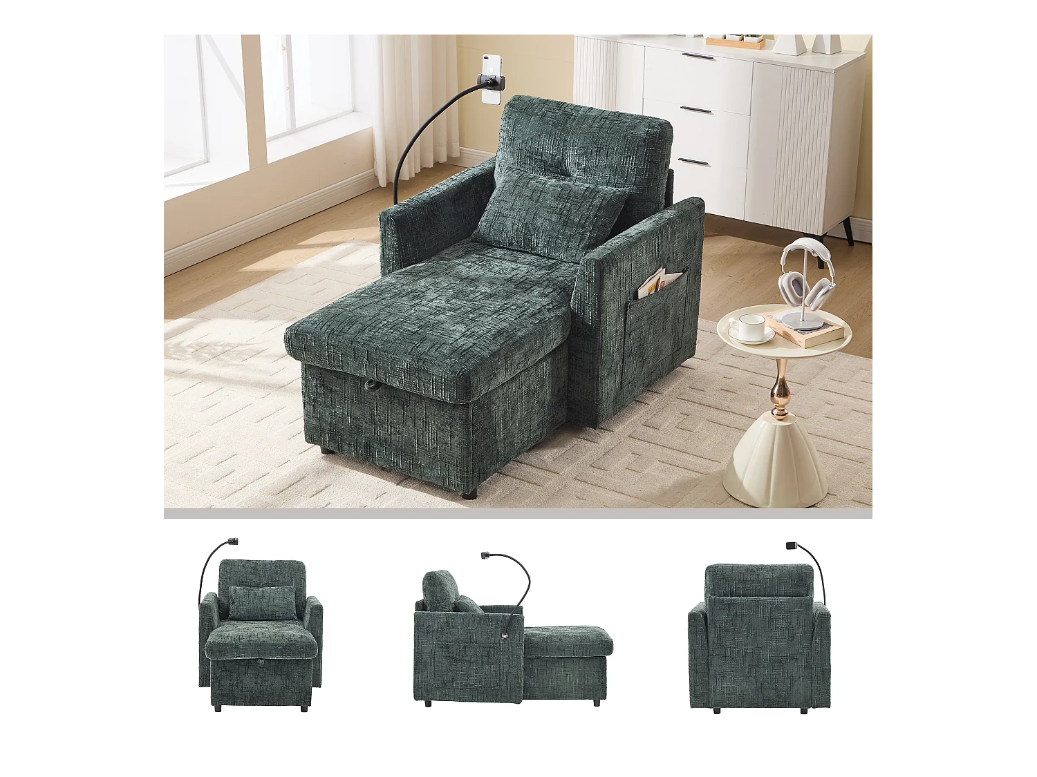 Fauteuil relax multifonction avec dossier escamotable, support pour téléphone, tissu chenille émeraude (125x84.5x87 cm)