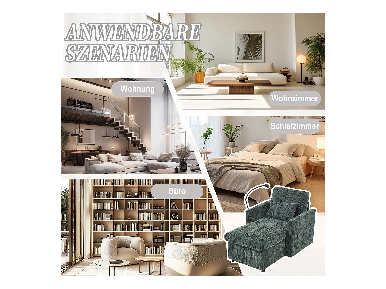 Fauteuil relax multifonction avec dossier escamotable, support pour téléphone, tissu chenille émeraude (125x84.5x87 cm)