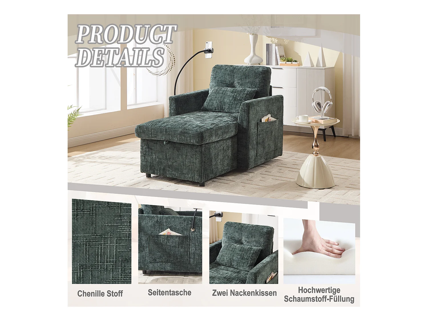 Fauteuil relax multifonction avec dossier escamotable, support pour téléphone, tissu chenille émeraude (125x84.5x87 cm)