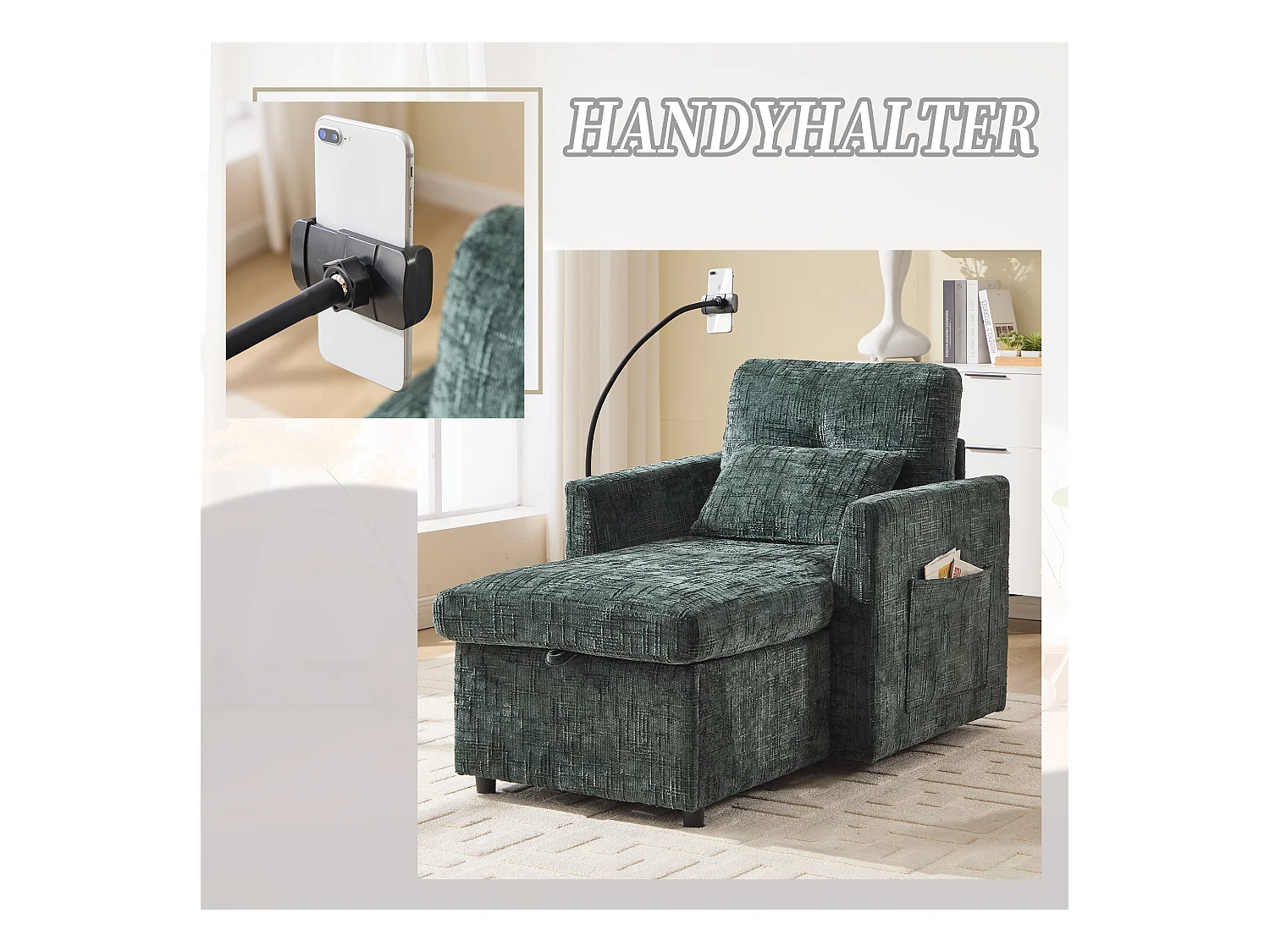 Fauteuil relax multifonction avec dossier escamotable, support pour téléphone, tissu chenille émeraude (125x84.5x87 cm)