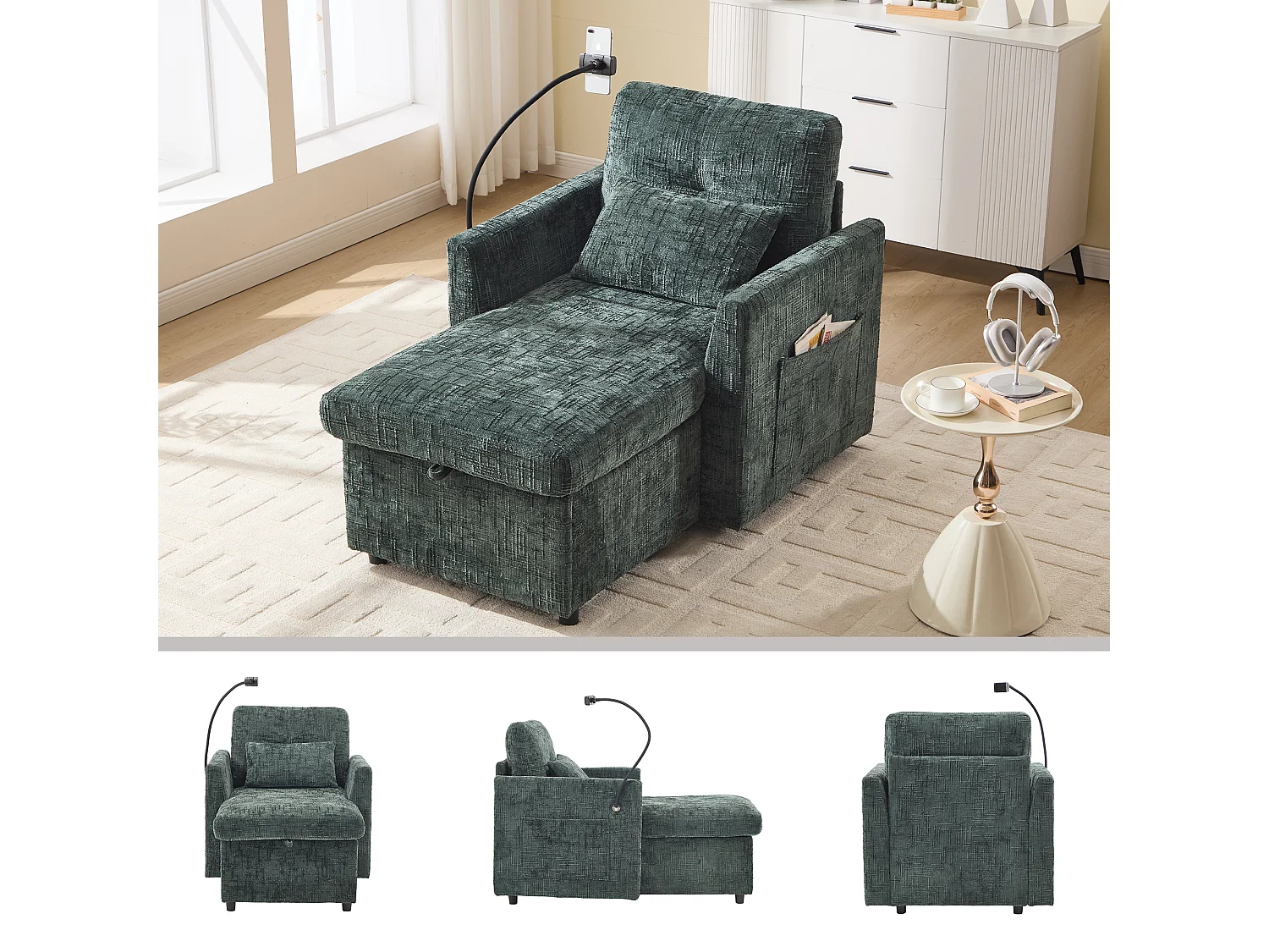 Fauteuil relax multifonction avec dossier escamotable, support pour téléphone, tissu chenille émeraude (125x84.5x87 cm)