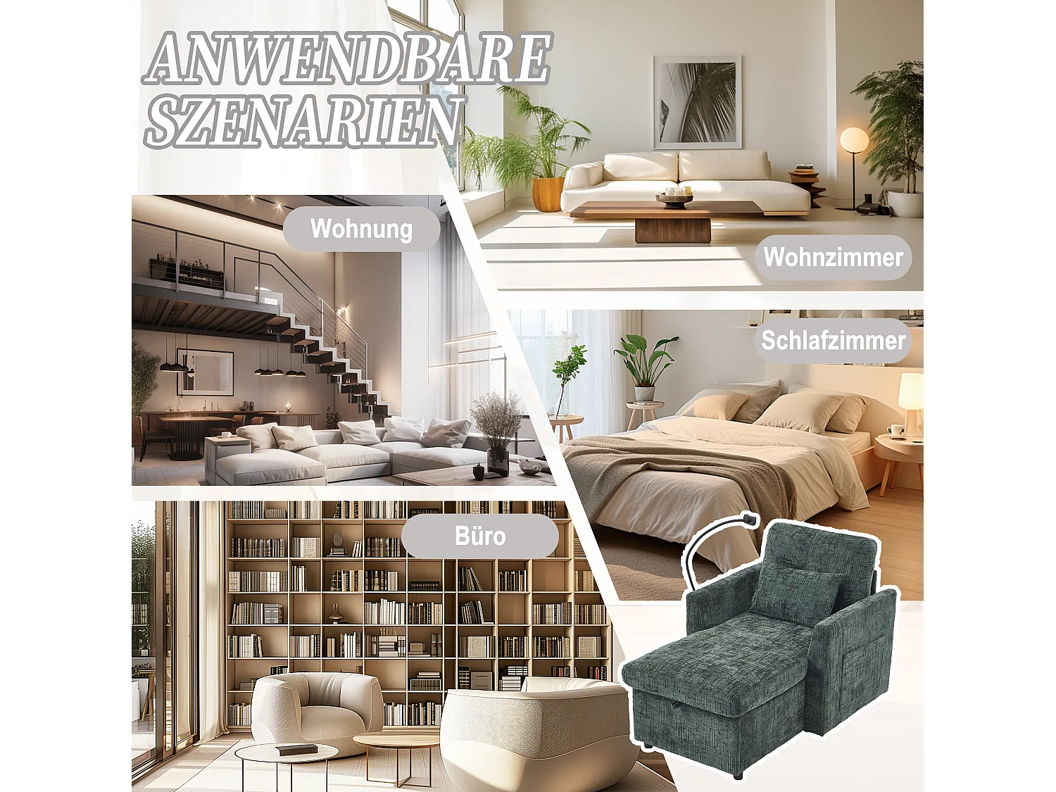 Fauteuil relax multifonction avec dossier escamotable, support pour téléphone, tissu chenille émeraude (125x84.5x87 cm)