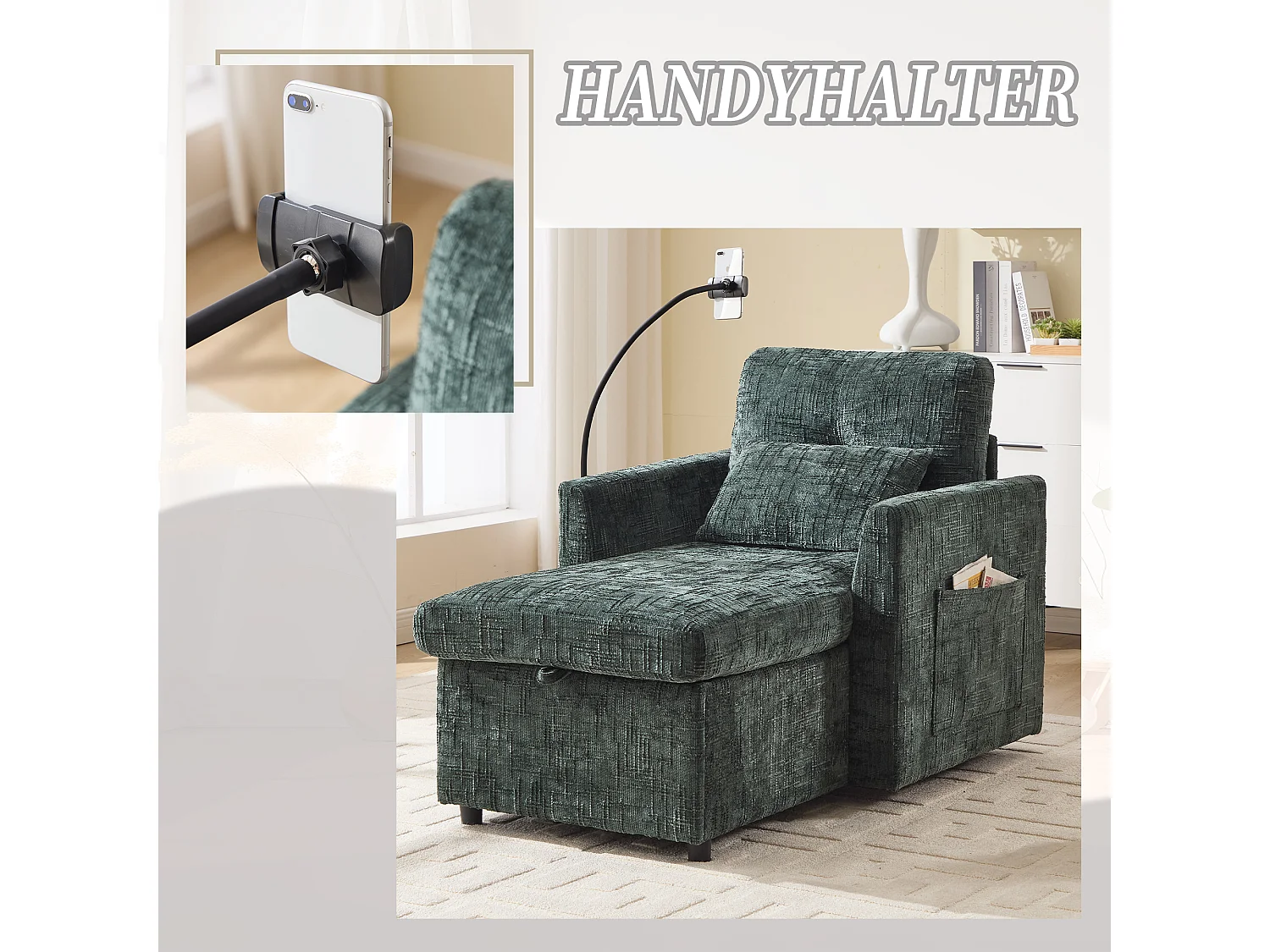 Fauteuil relax multifonction avec dossier escamotable, support pour téléphone, tissu chenille émeraude (125x84.5x87 cm)