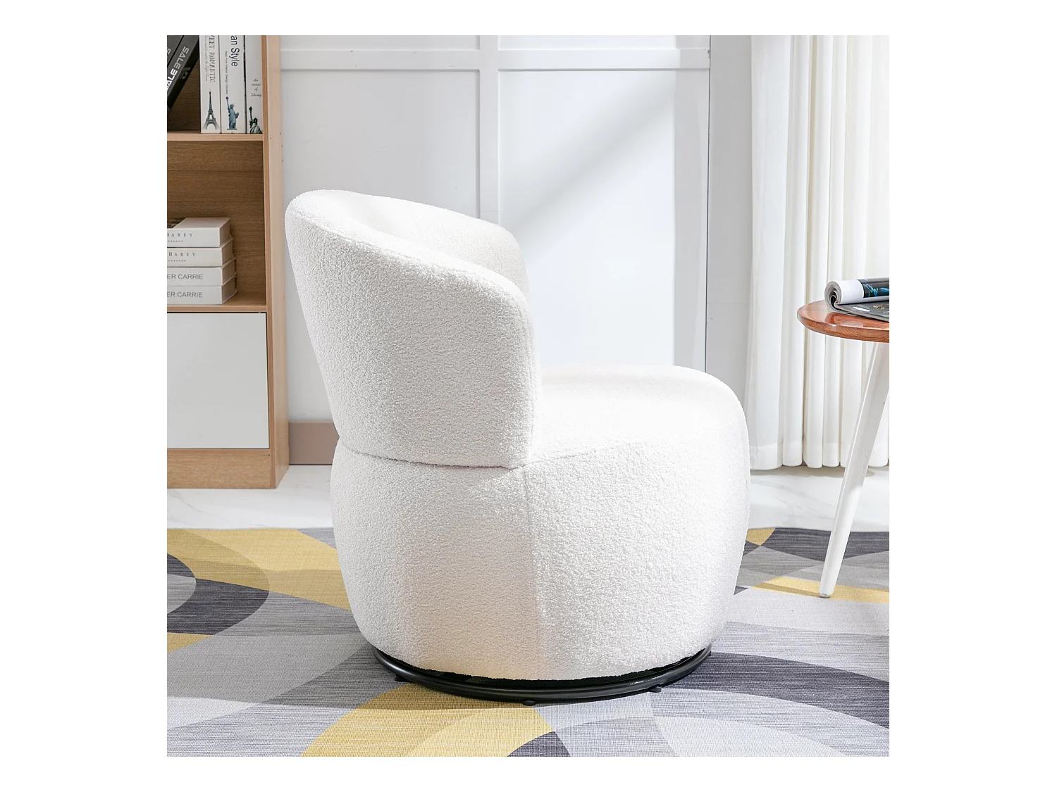 Relaxstuhl Weiß Teddyplüsch mit Lendenkissen, Drehbar, Metallfuß, 100 kg Belastbar (65x70x73 cm)