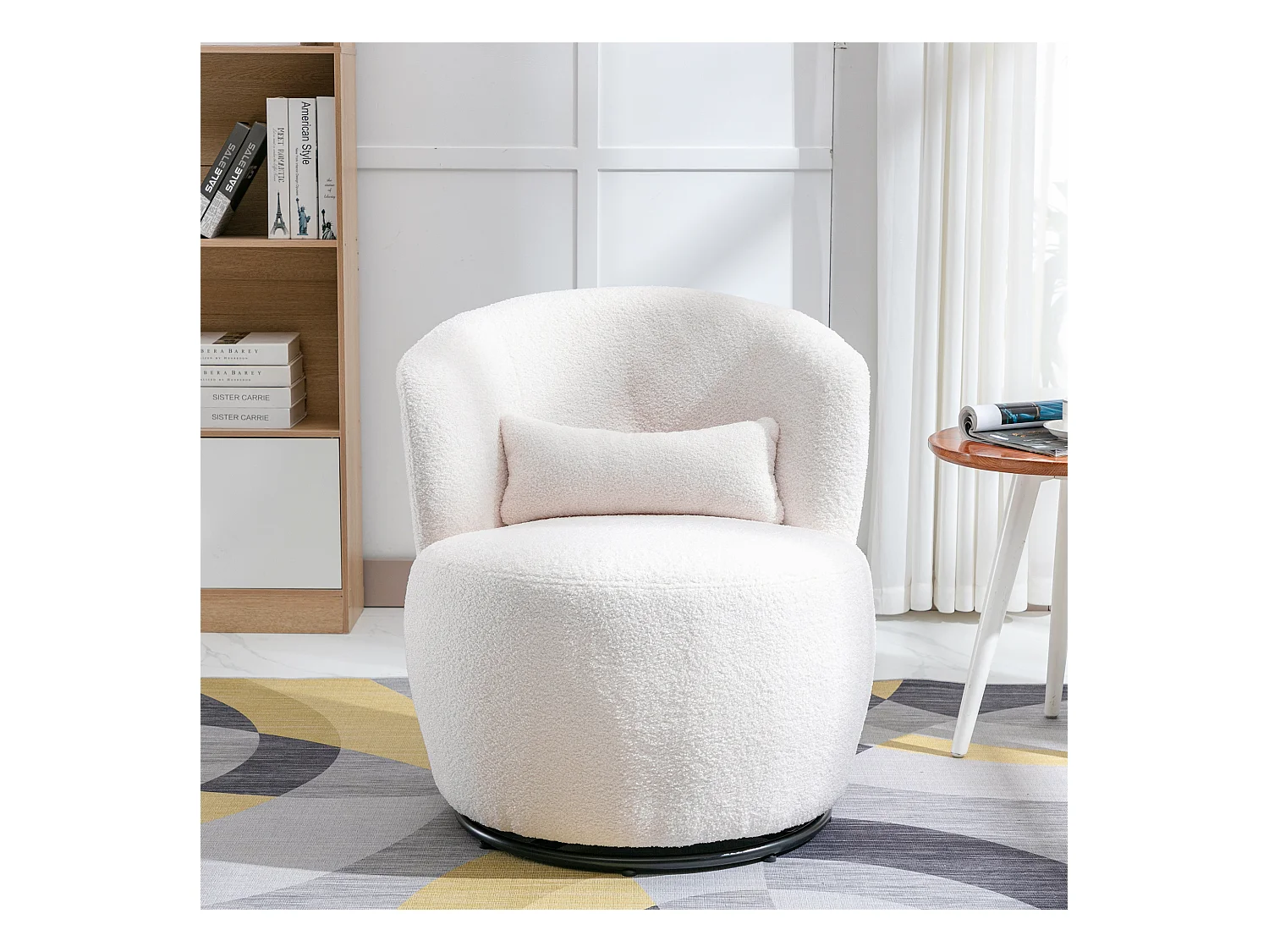 Relaxstuhl Weiß Teddyplüsch mit Lendenkissen, Drehbar, Metallfuß, 100 kg Belastbar (65x70x73 cm)