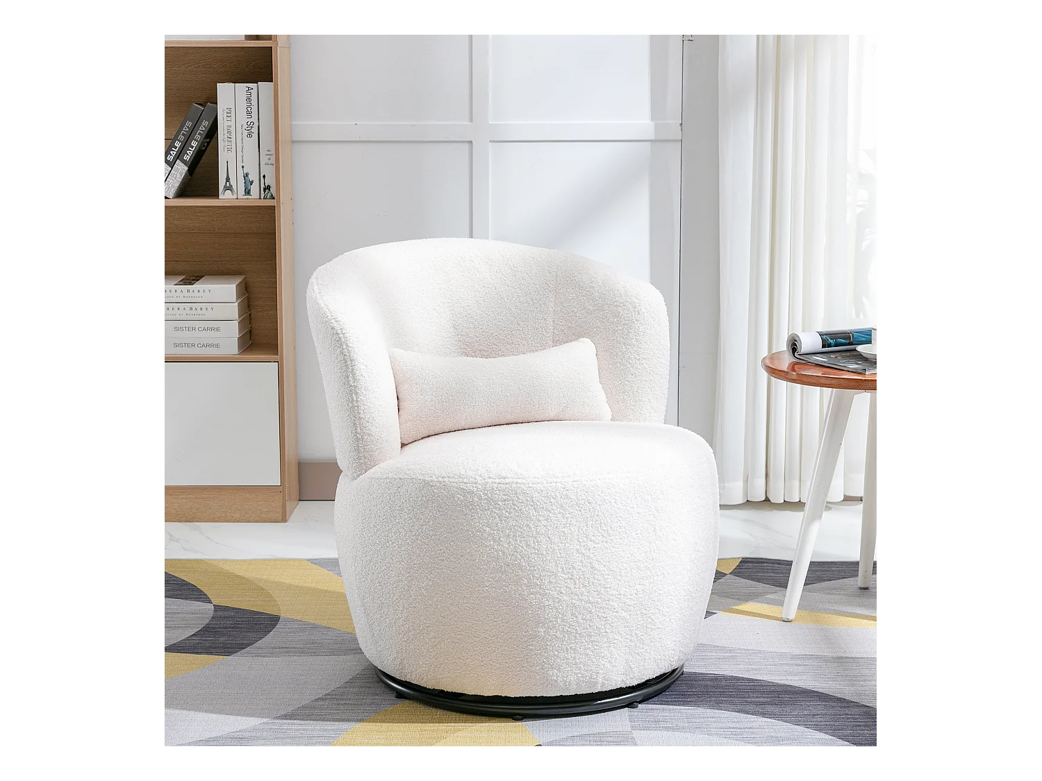 Relaxstuhl Weiß Teddyplüsch mit Lendenkissen, Drehbar, Metallfuß, 100 kg Belastbar (65x70x73 cm)