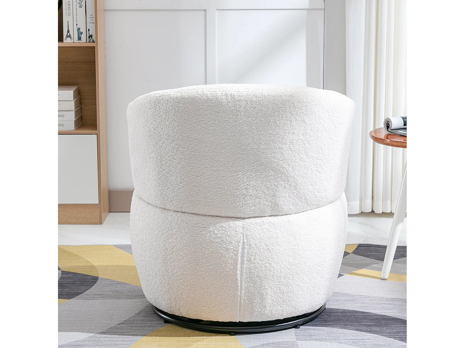 Relaxstuhl Weiß Teddyplüsch mit Lendenkissen, Drehbar, Metallfuß, 100 kg Belastbar (65x70x73 cm)