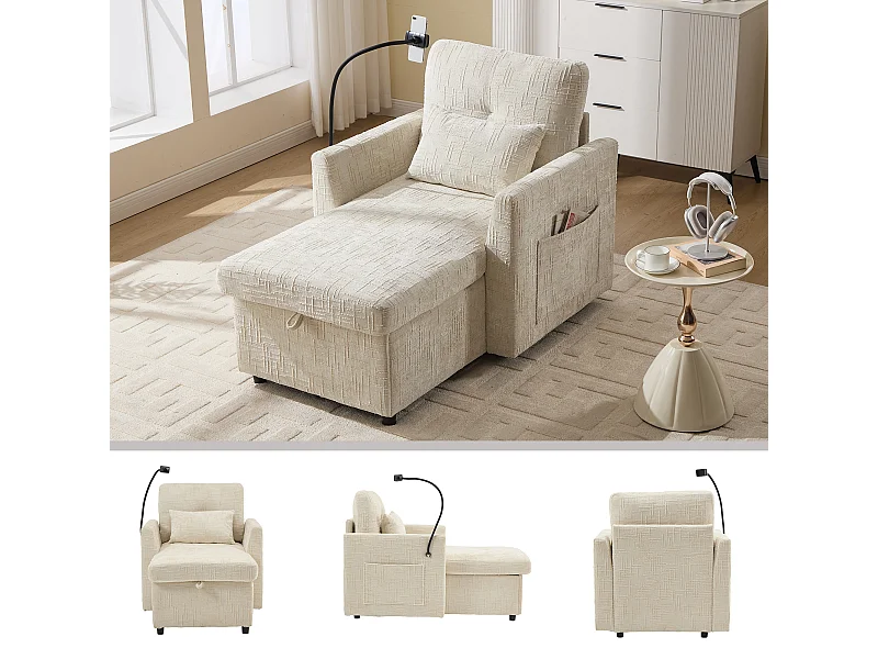 Multifunctionele relaxfauteuil met uitschuifbare rugleuning, telefoonhouder, beige chenillestof (125x84,5x87 cm)