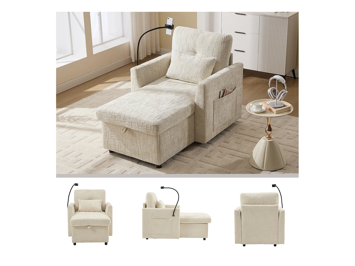 Fauteuil relax multifonction avec dossier escamotable, support pour téléphone, tissu chenille beige (125x84.5x87 cm)