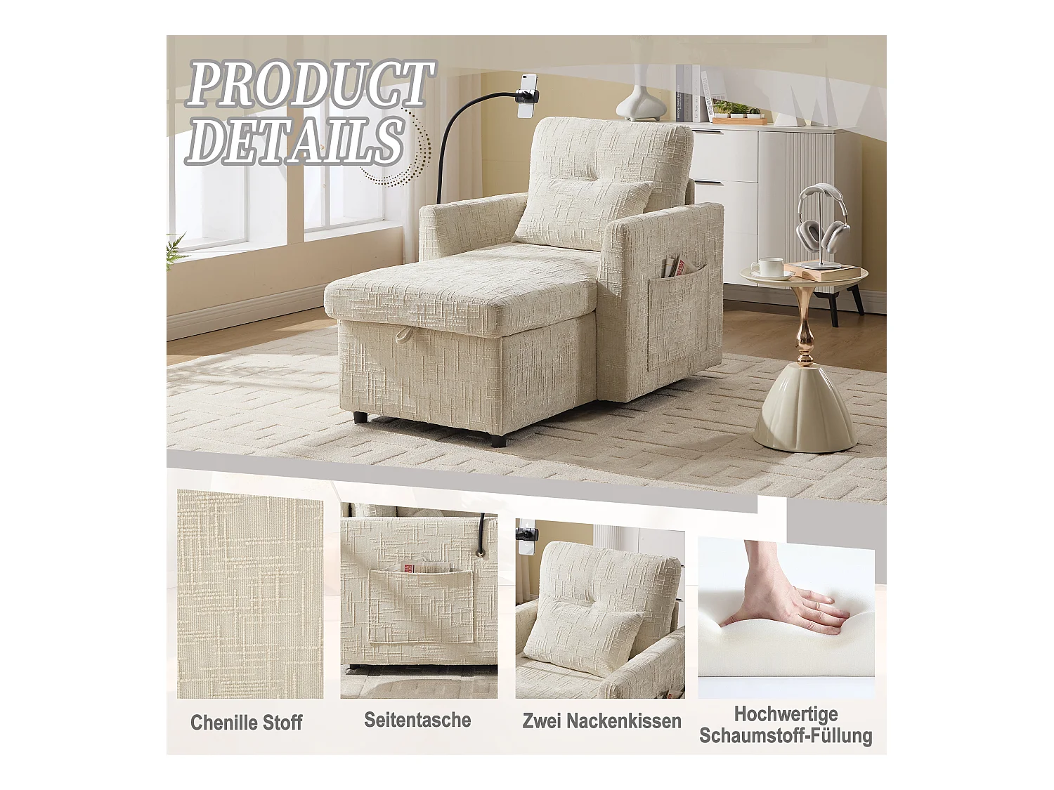 Fauteuil relax multifonction avec dossier escamotable, support pour téléphone, tissu chenille beige (125x84.5x87 cm)