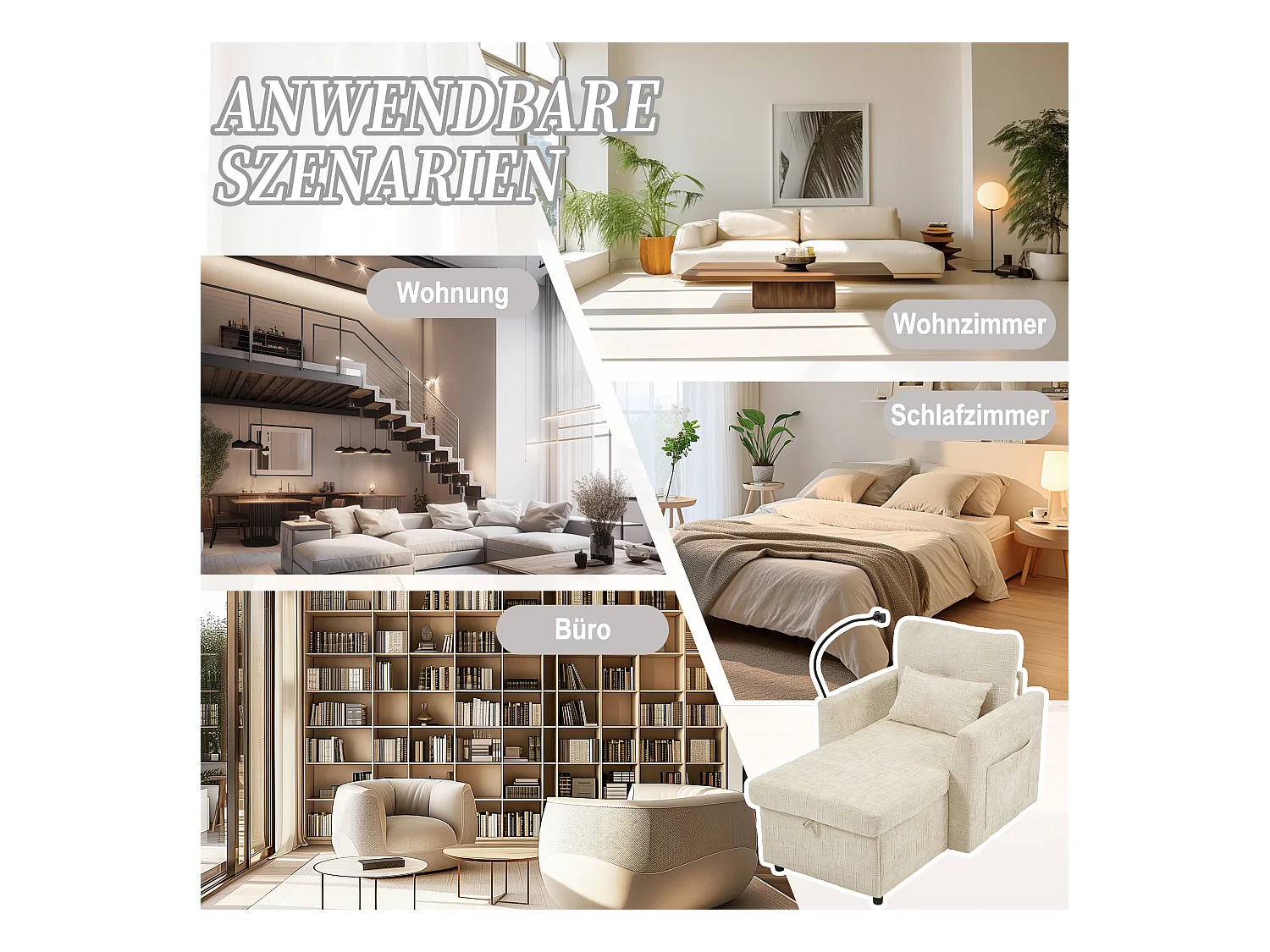 Fauteuil relax multifonction avec dossier escamotable, support pour téléphone, tissu chenille beige (125x84.5x87 cm)