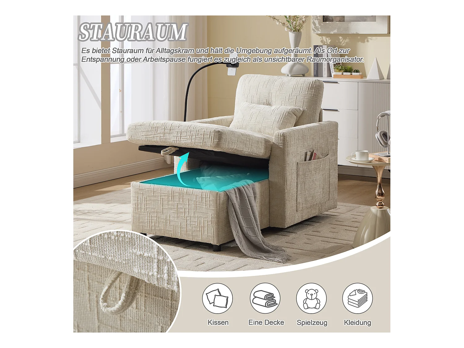 Fauteuil relax multifonction avec dossier escamotable, support pour téléphone, tissu chenille beige (125x84.5x87 cm)
