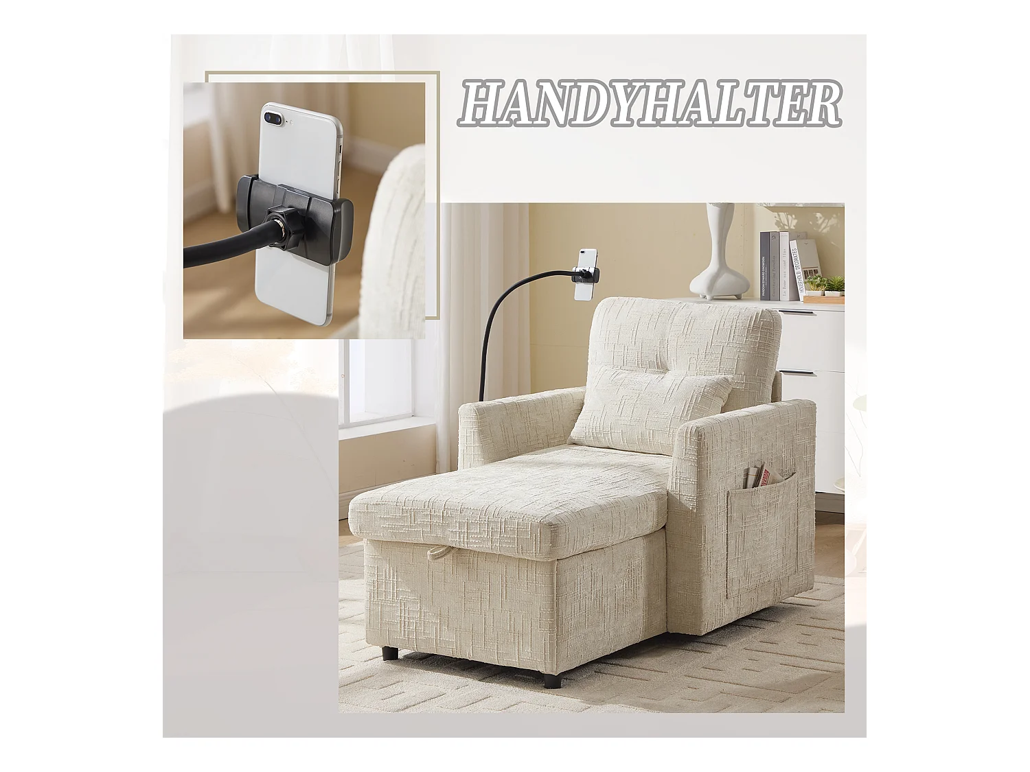 Fauteuil relax multifonction avec dossier escamotable, support pour téléphone, tissu chenille beige (125x84.5x87 cm)