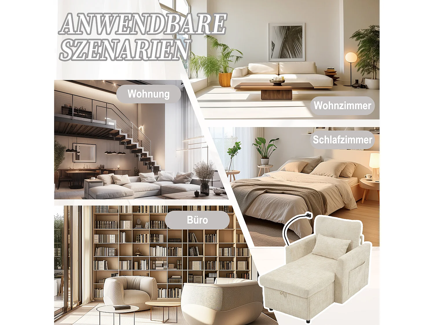 Fauteuil relax multifonction avec dossier escamotable, support pour téléphone, tissu chenille beige (125x84.5x87 cm)