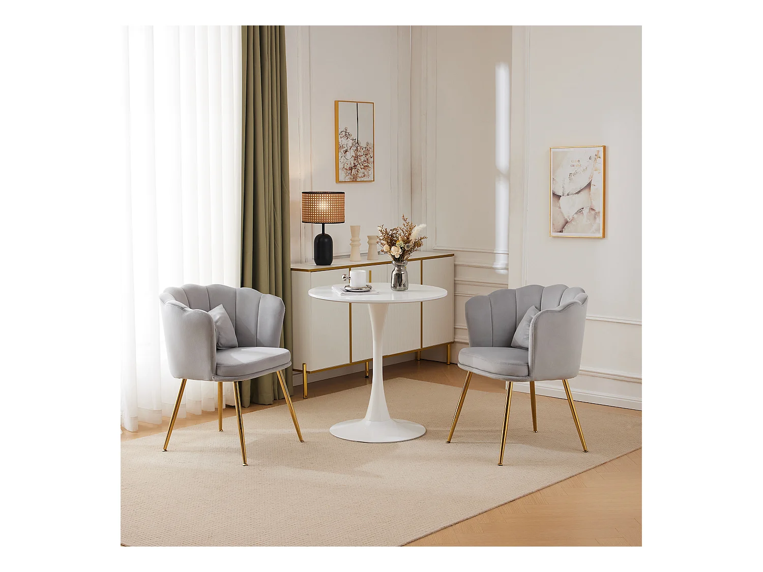 Set de 2 chaises modernes en velours, design à dossier en pétale, coussin lombaire papillon, pieds métalliques dorés, gris (63x58x77 cm)