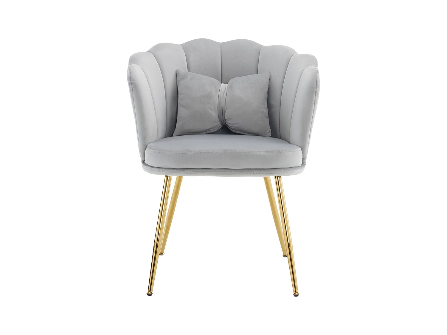 Set de 2 chaises modernes en velours, design à dossier en pétale, coussin lombaire papillon, pieds métalliques dorés, gris (63x58x77 cm)