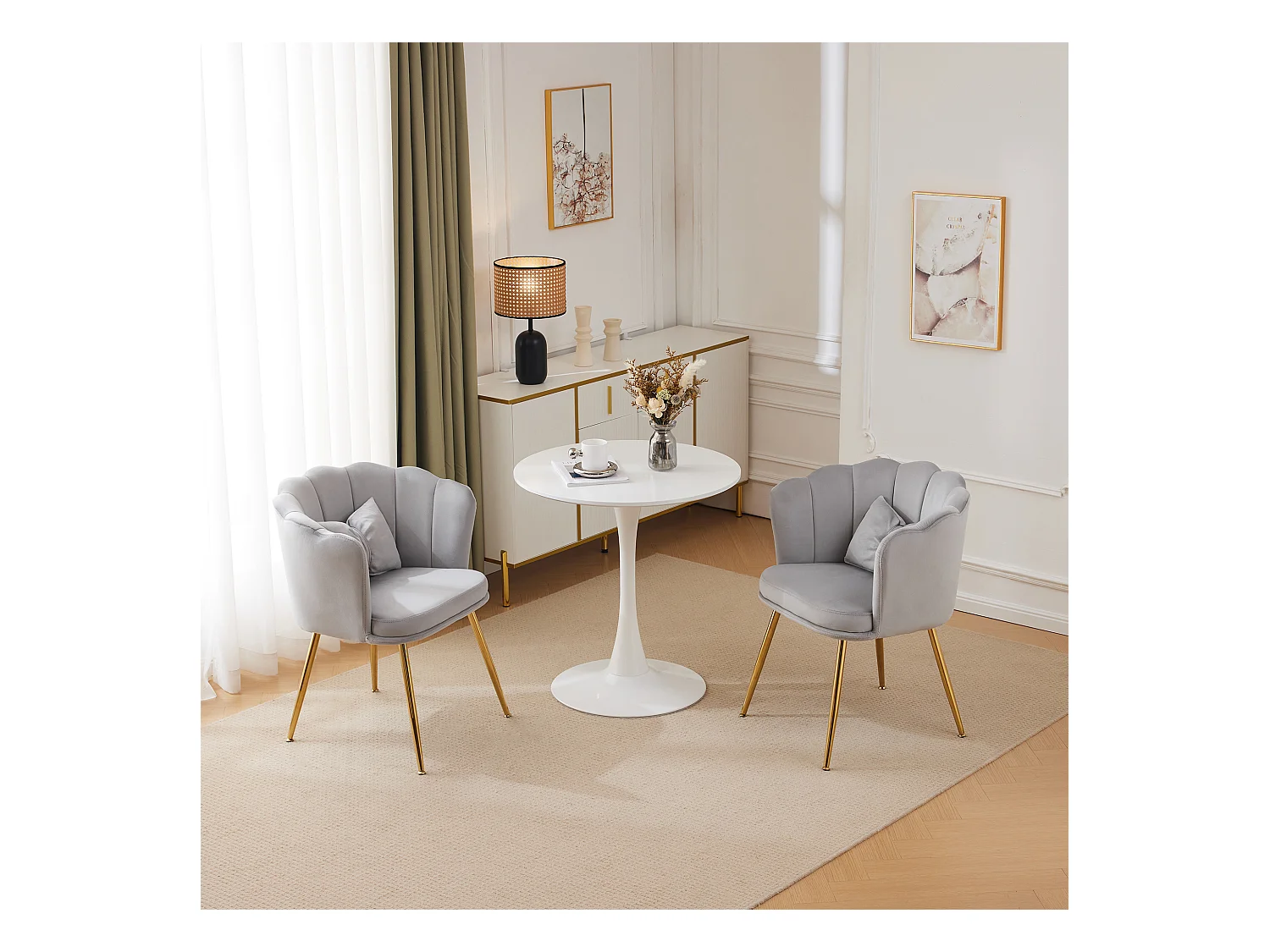 Set de 2 chaises modernes en velours, design à dossier en pétale, coussin lombaire papillon, pieds métalliques dorés, gris (63x58x77 cm)
