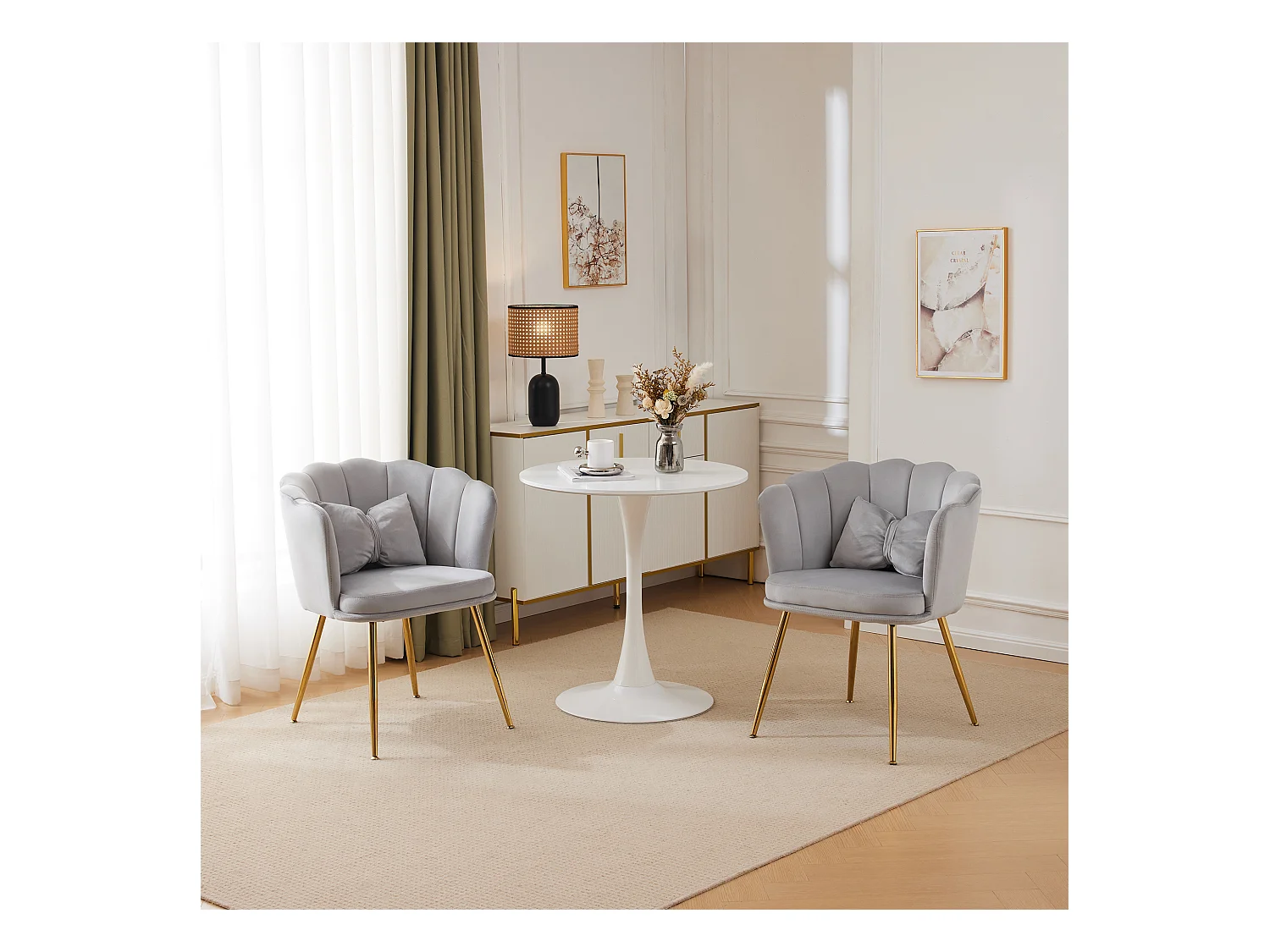 Set de 2 chaises modernes en velours, design à dossier en pétale, coussin lombaire papillon, pieds métalliques dorés, gris (63x58x77 cm)